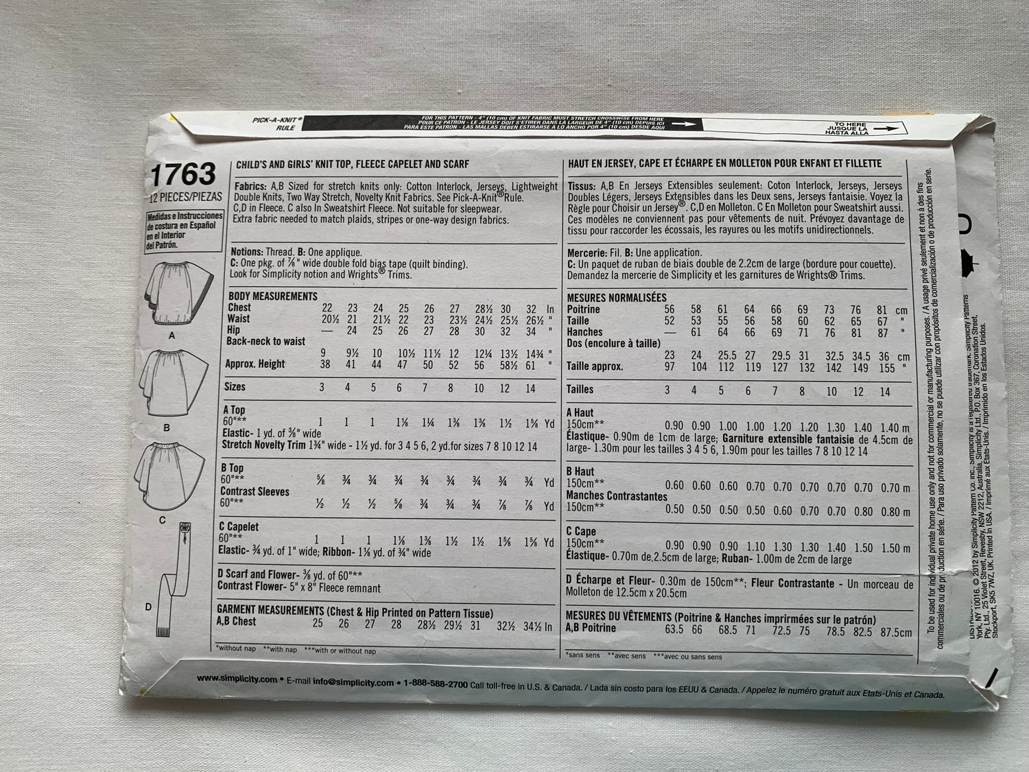 Simplicity Sewing Pattern 1763 Girls' Knit Top, Fleece Capelet, Scarf, Size 3-14, Uncut, 2000