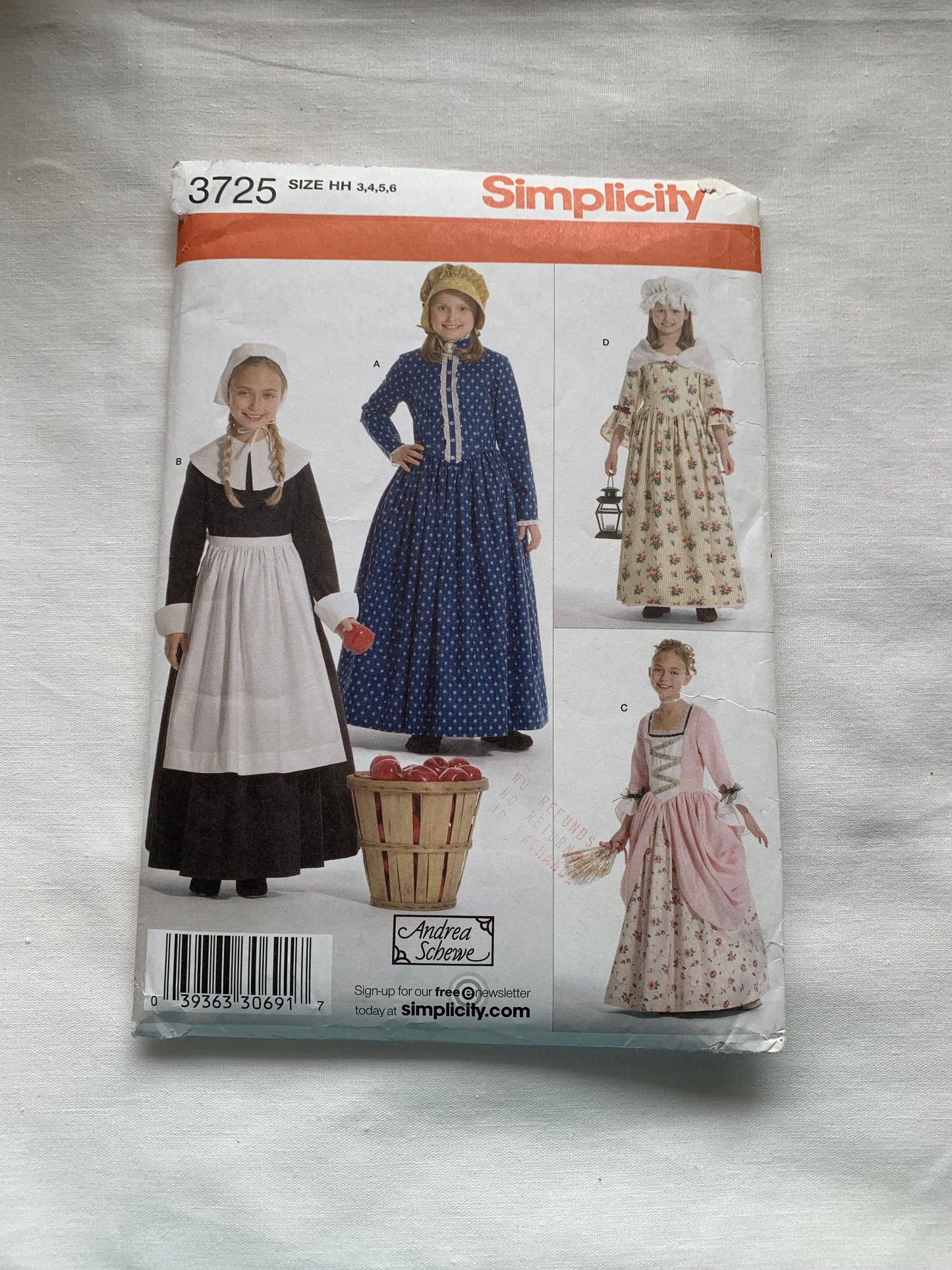 Simplicity Sewing Pattern 3725 Girls' Costumes Pioneer, Quaker, Renaissance, Dress, Cap, Apron, Tie Belt, Cape, Hat, Size3-6, Uncut, 2007