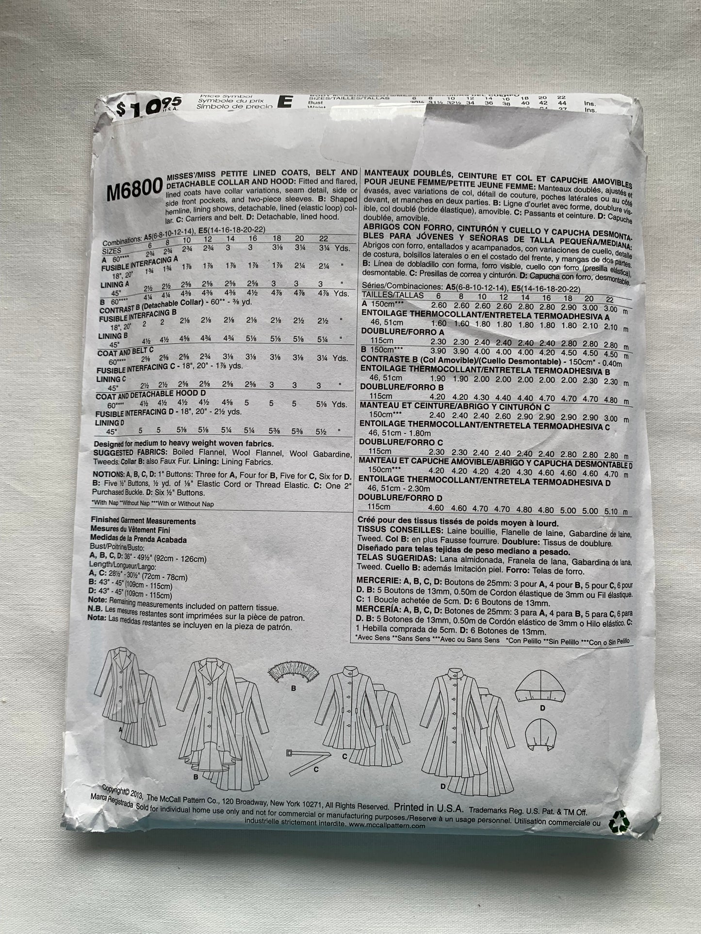 McCall's Sewing Pattern M6800 Misses'/Miss Petite Lined Coats, Fitted, Three Lengths, Collar, Hood, Belt, Long Sleeves, 3 Variations, Size 14-22, Uncut, 2013