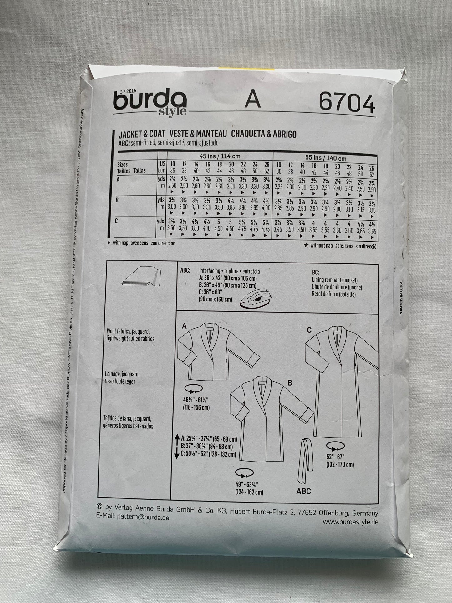 Burda Sewing Pattern 6704 Misses' Coat, Jacket, Semi-Fitted, 3 Lengths, Collar, Wrap Front, Size 6-18, Uncut, 2015