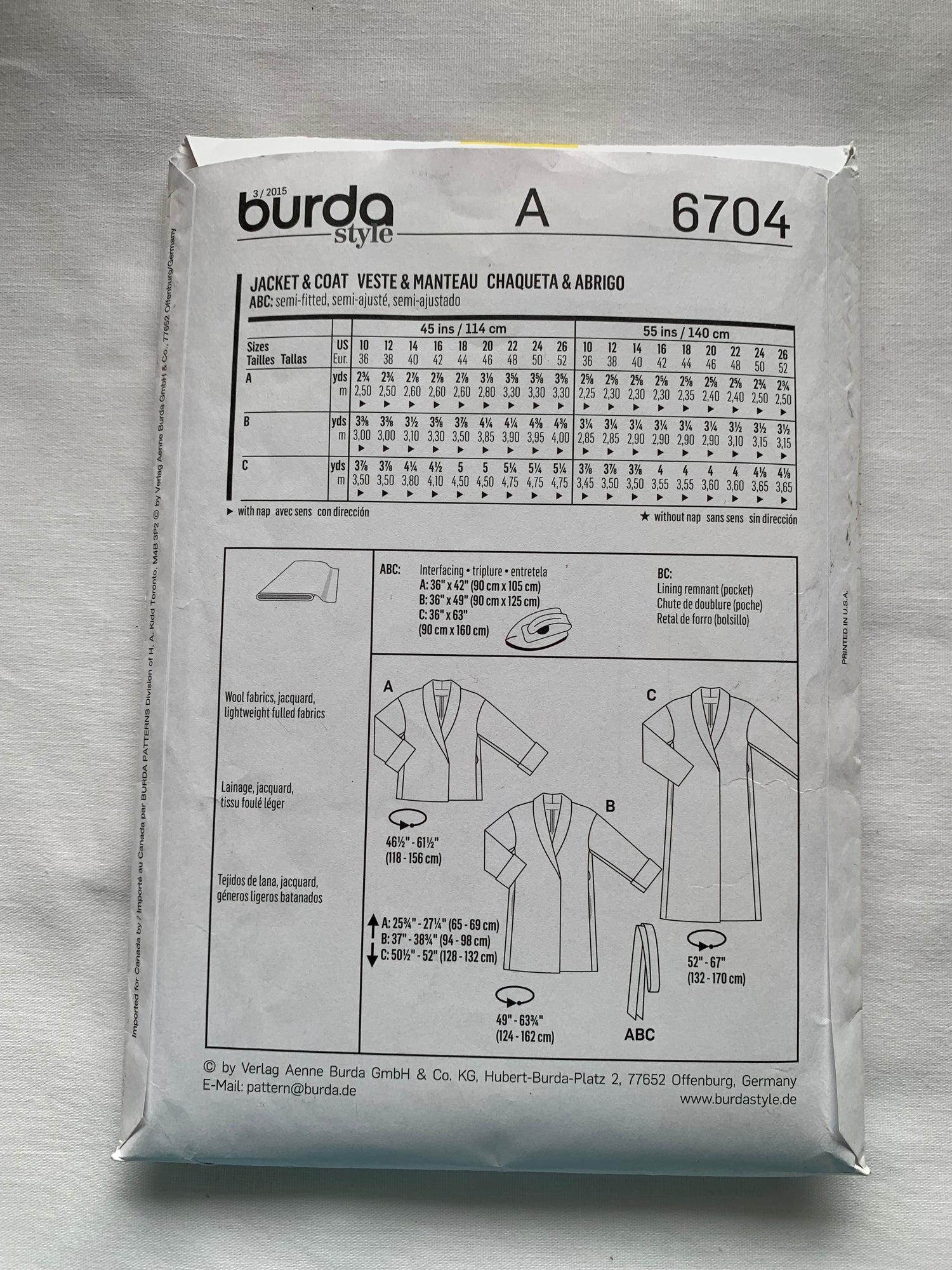 Burda Sewing Pattern 6704 Misses' Coat, Jacket, Semi-Fitted, 3 Lengths, Collar, Wrap Front, Size 6-18, Uncut, 2015