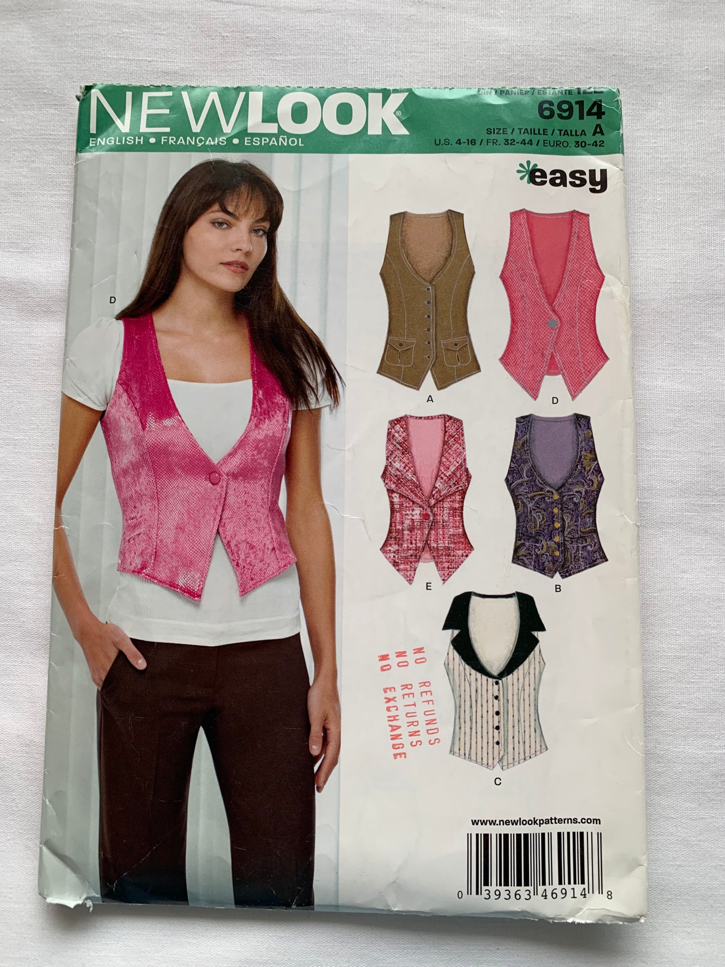 Simplicity New Look Sewing Pattern 6914 Misses' Vest, 6 Variations, Sleeveless, Button Front, Waistcoat, Size 4-16, Uncut, 2011