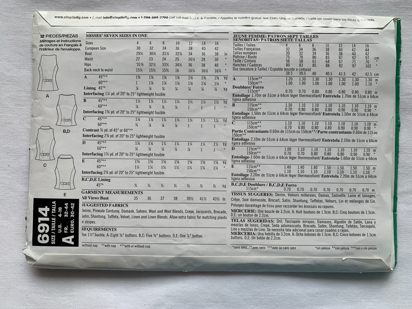 Simplicity New Look Sewing Pattern 6914 Misses' Vest, 6 Variations, Sleeveless, Button Front, Waistcoat, Size 4-16, Uncut, 2011