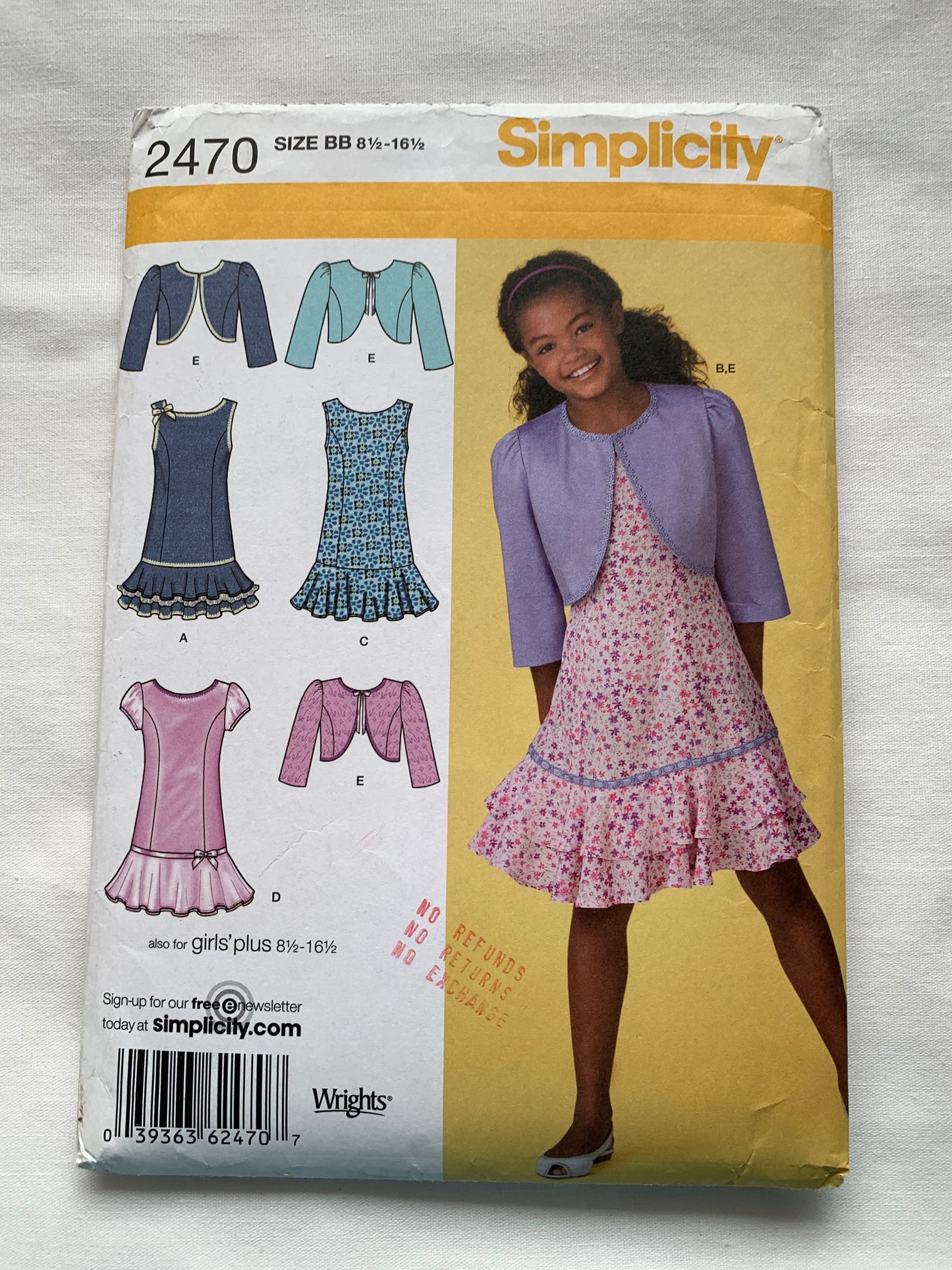 Simplicity Sewing Pattern 2470 Child's Plus Size Dress, Bolero, Zipper Back, Sleeveless, 4 Variations, Size 8-16 1/2, Uncut, 2010