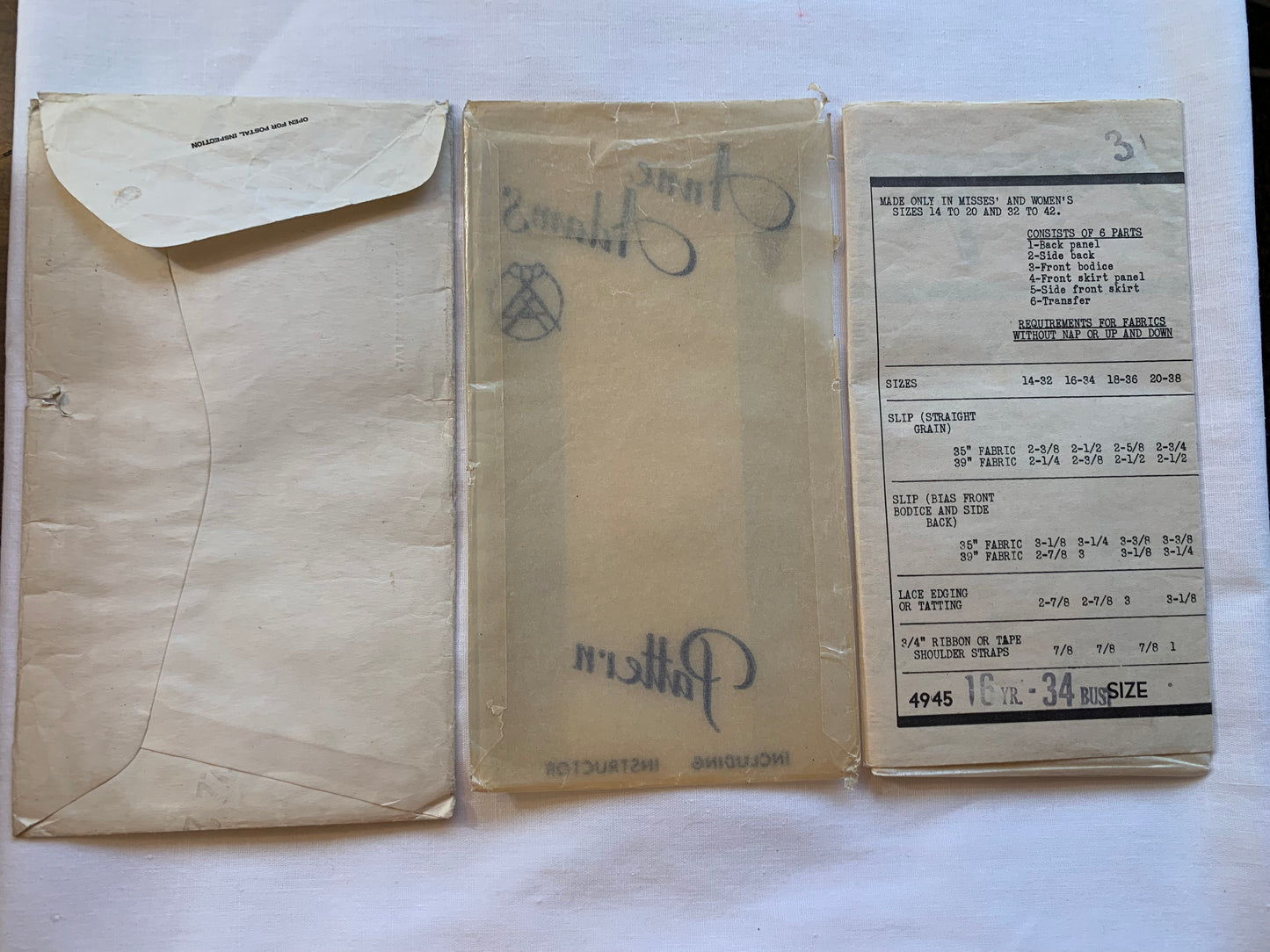 Western Producer Sewing Pattern 4945 Anne Adams Misses' Slip, Fitted, Shoulder Straps, Size 16, Cut, Vintage 1942