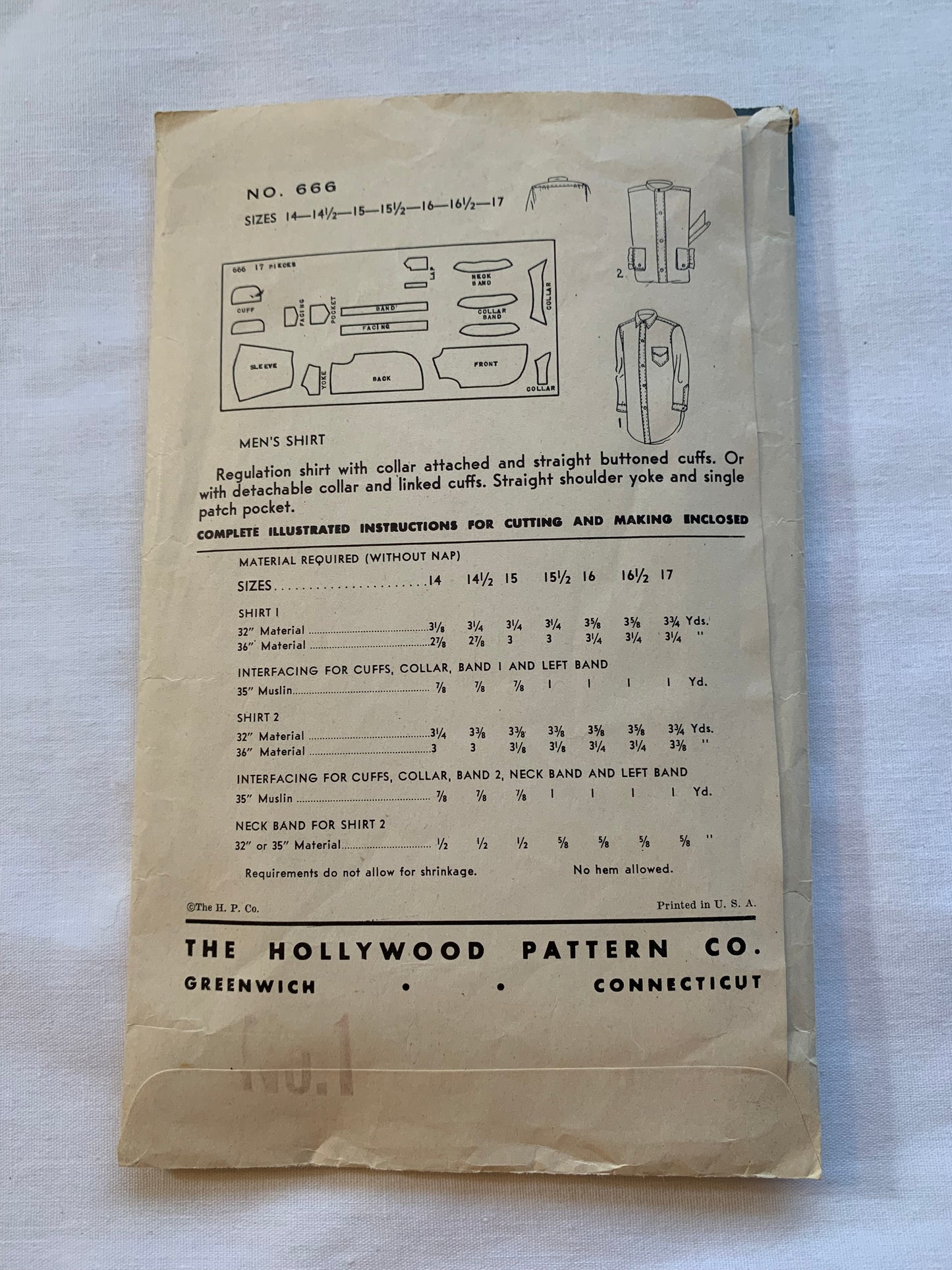 Hollywood Sewing Pattern 666 Men's Shirt, Long Sleeves, Collar, Button Front, Cut, Size 16" Neck, Vintage 1943