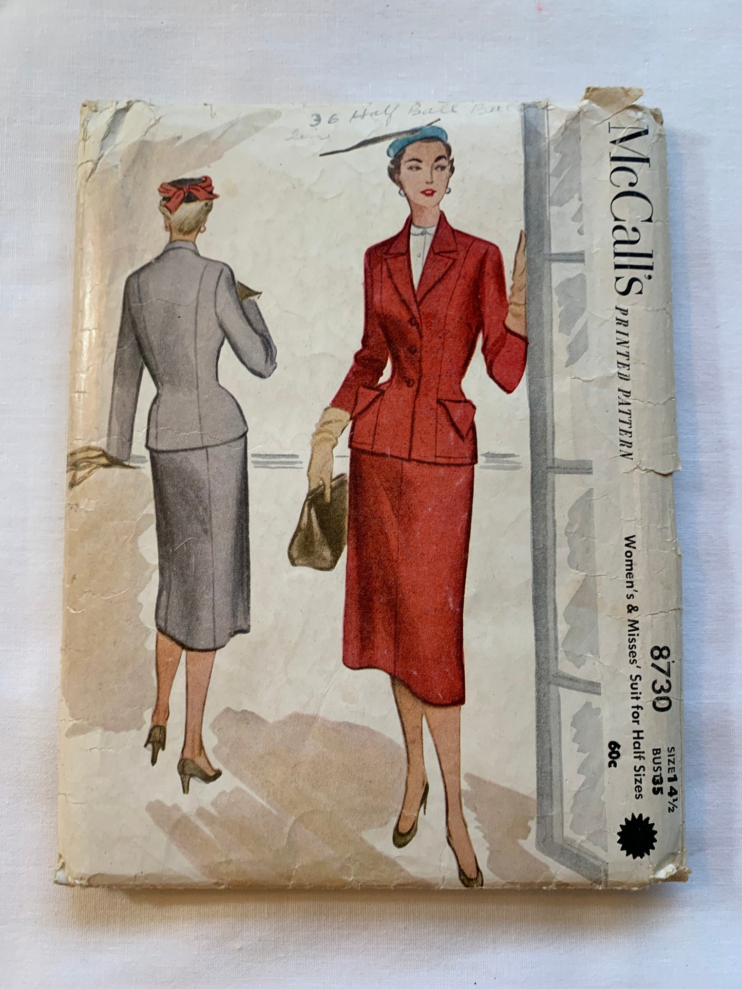 McCall's Sewing Pattern 8730 Misses'Women's Half Size Jacket, Skirt, Lined, Shoulder Pads, Pockets, Side Zipper, Size 14 1/2, Cut, Vintage 1951