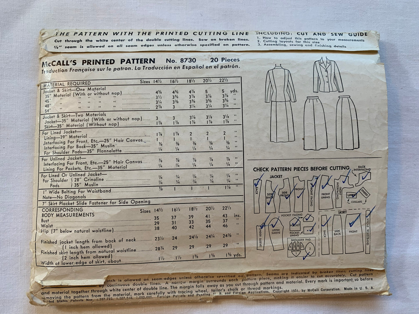 McCall's Sewing Pattern 8730 Misses'Women's Half Size Jacket, Skirt, Lined, Shoulder Pads, Pockets, Side Zipper, Size 14 1/2, Cut, Vintage 1951