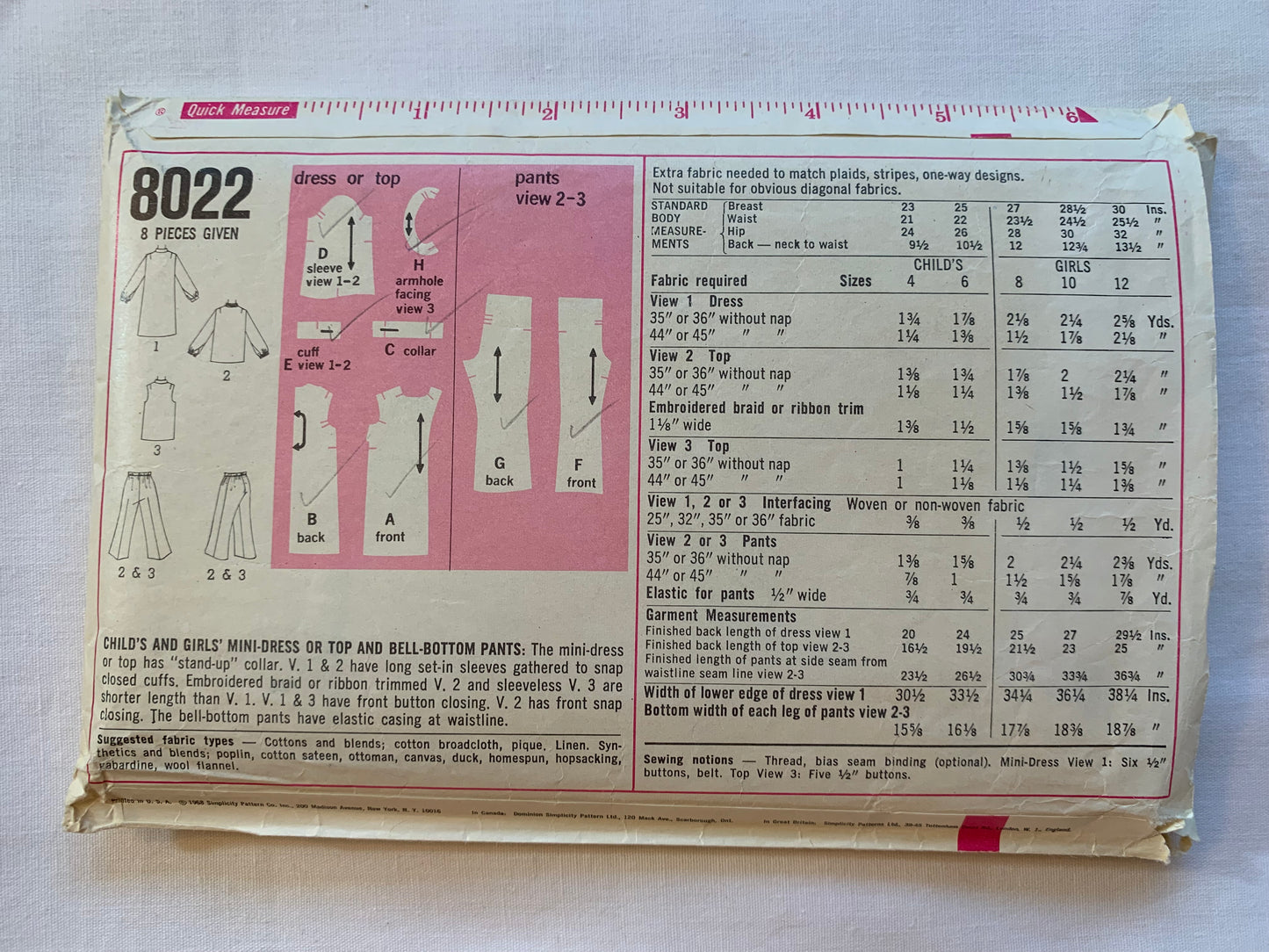 Simplicity Sewing Pattern 8022 Girls' Dress, Mini Dress, Bell-Bottom Pants, Elastic Waist, Button Front, Long Sleeves, Sleeveless, Size 12, Cut, Vintage 1968