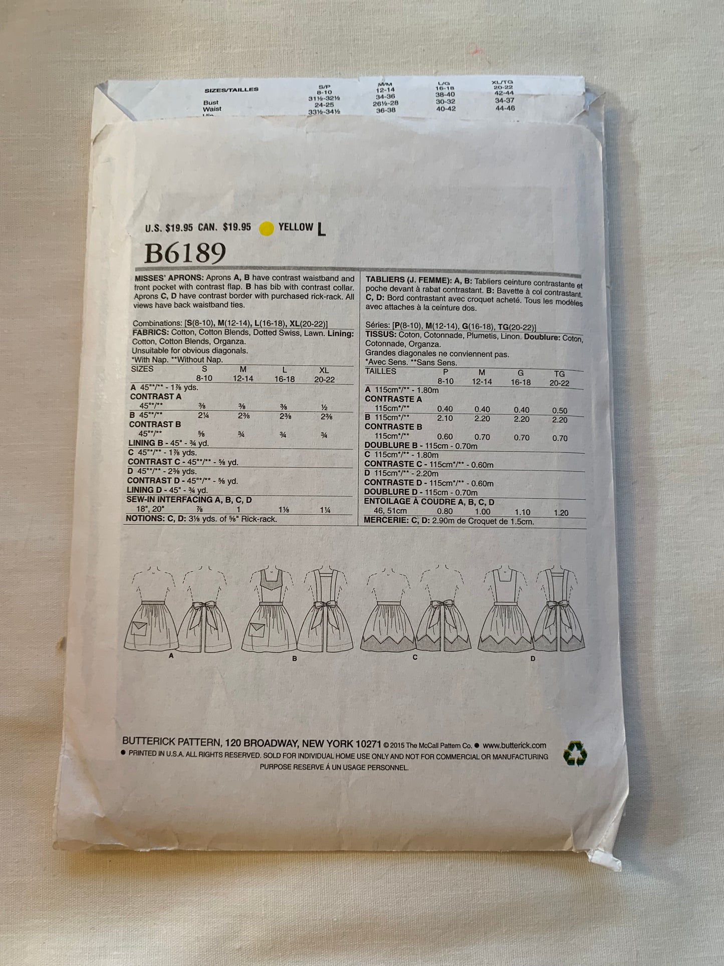 Butterick Sewing Pattern B6189 Misses' Aprons, 4 Variations, Bib, Pockets, Back Ties, Over The Head, Size 8-22, Cut, 2015