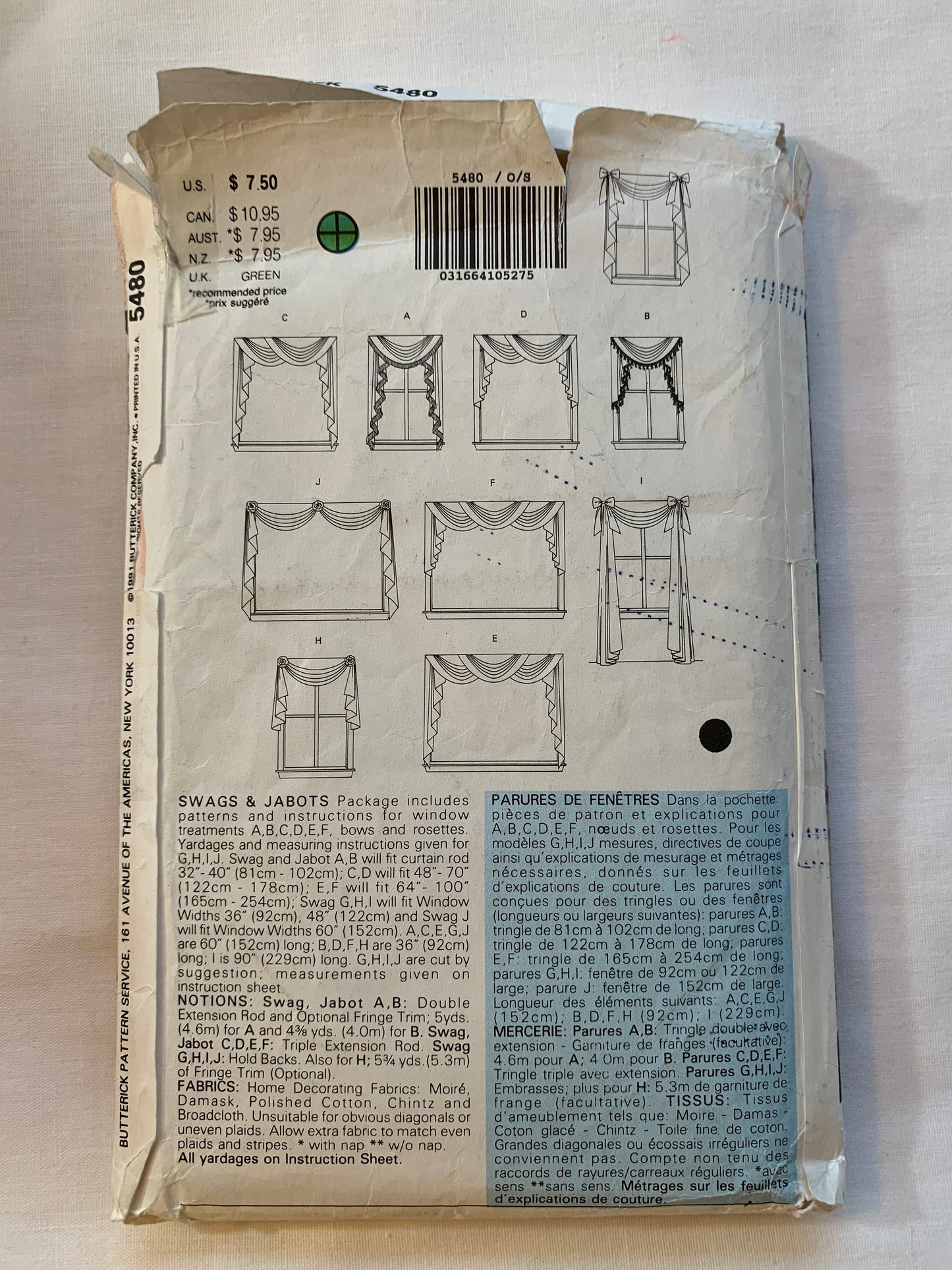 Butterick Sewing Pattern 5480 Window Shades, Coverings, 10 Variations, Unlined, Curtains, Jabot, Valance, Swag, Cafe, Cut, Vintage 1991