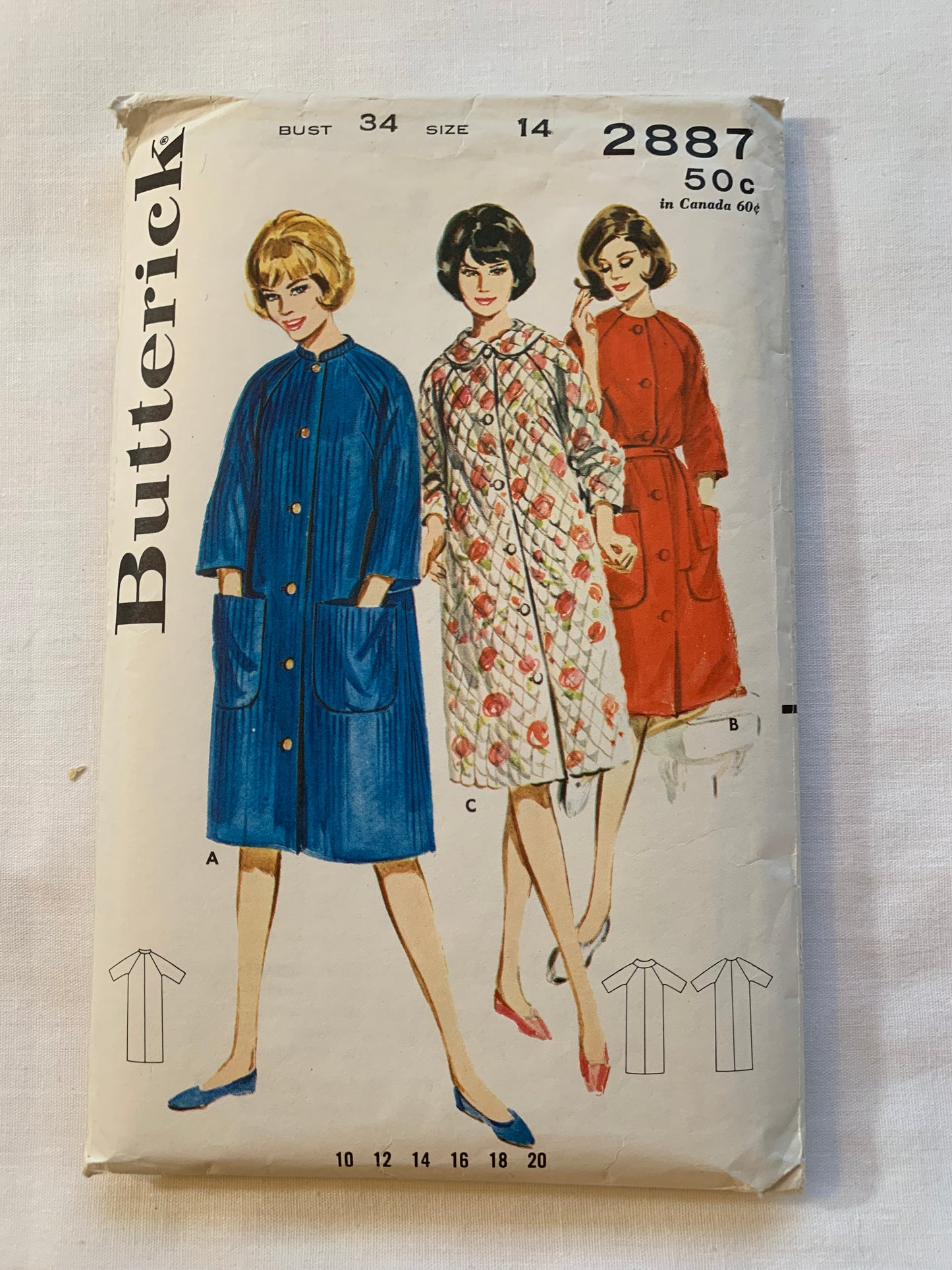 Butterick Sewing Pattern 2887 Misses' Robe, Housecoat, Loose-Fitting, Long Sleeves, Button Front, Pockets, Size 14, Cut, Vintage 1963