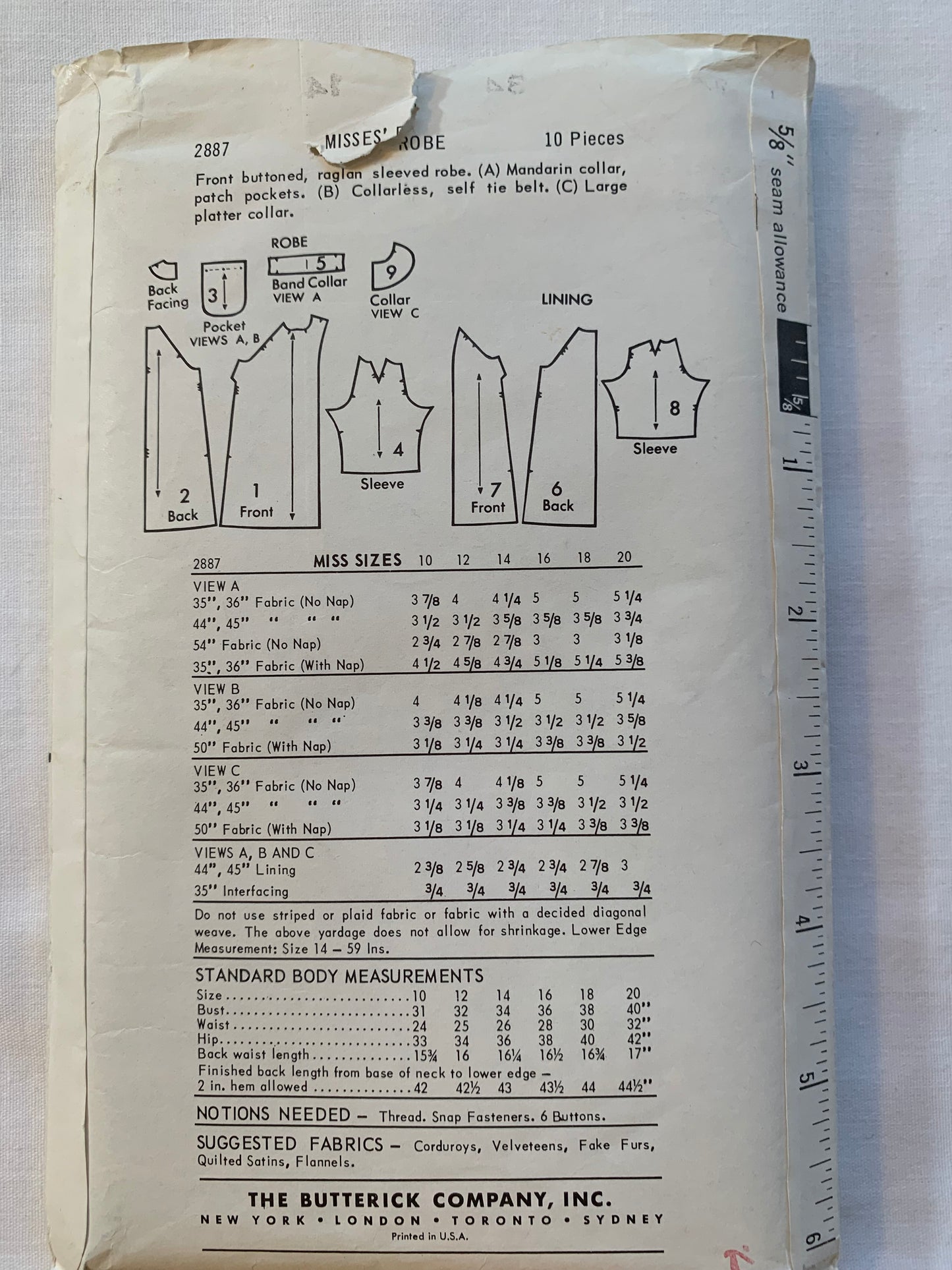 Butterick Sewing Pattern 2887 Misses' Robe, Housecoat, Loose-Fitting, Long Sleeves, Button Front, Pockets, Size 14, Cut, Vintage 1963