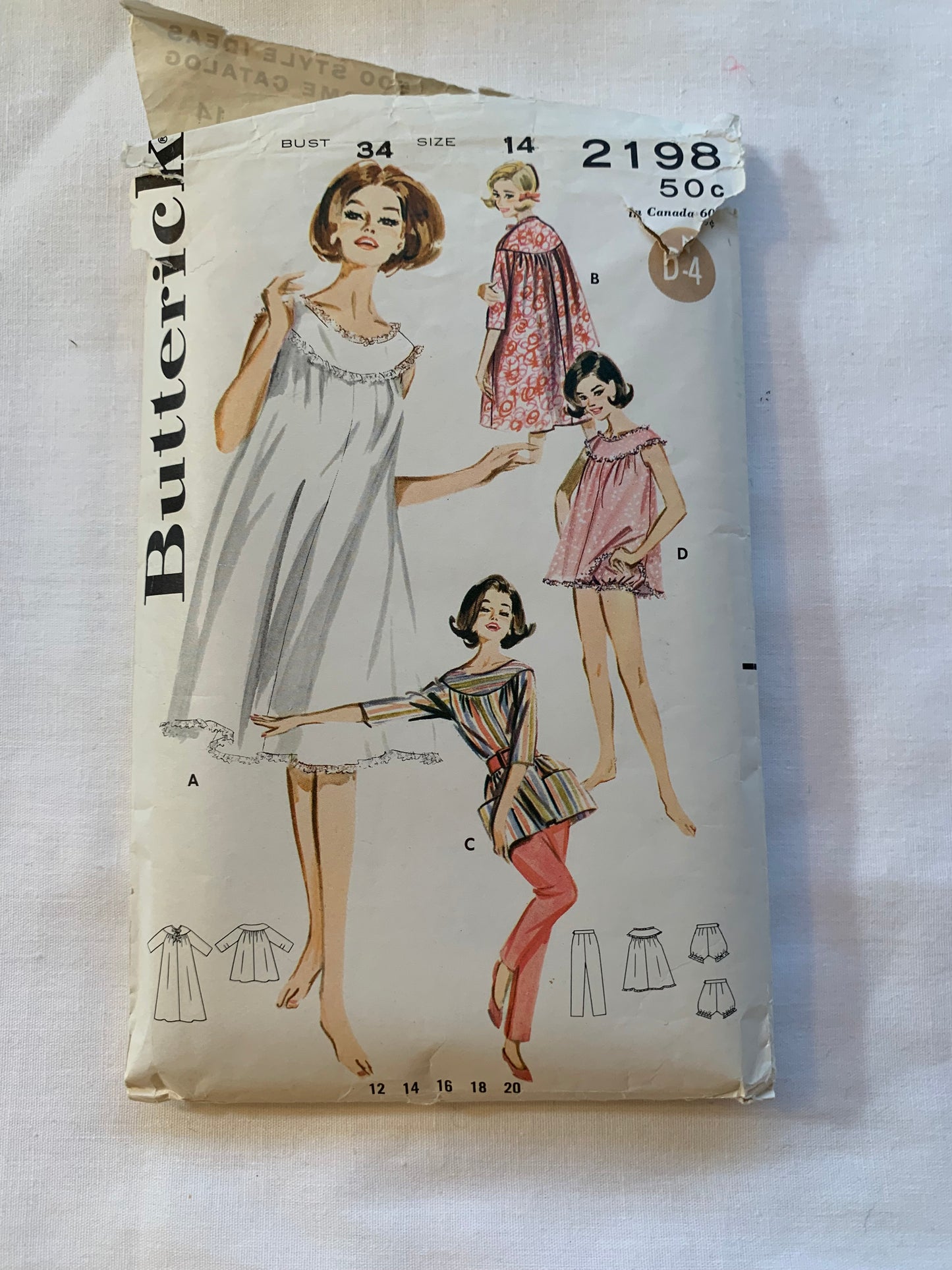 Butterick Sewing Pattern 2198 Misses' Nightgown, Pajamas, Robe, Top, Pants, Elastic Waist, Long Sleeves, Sleeveless, Size 14, Cut, Vintage 1962