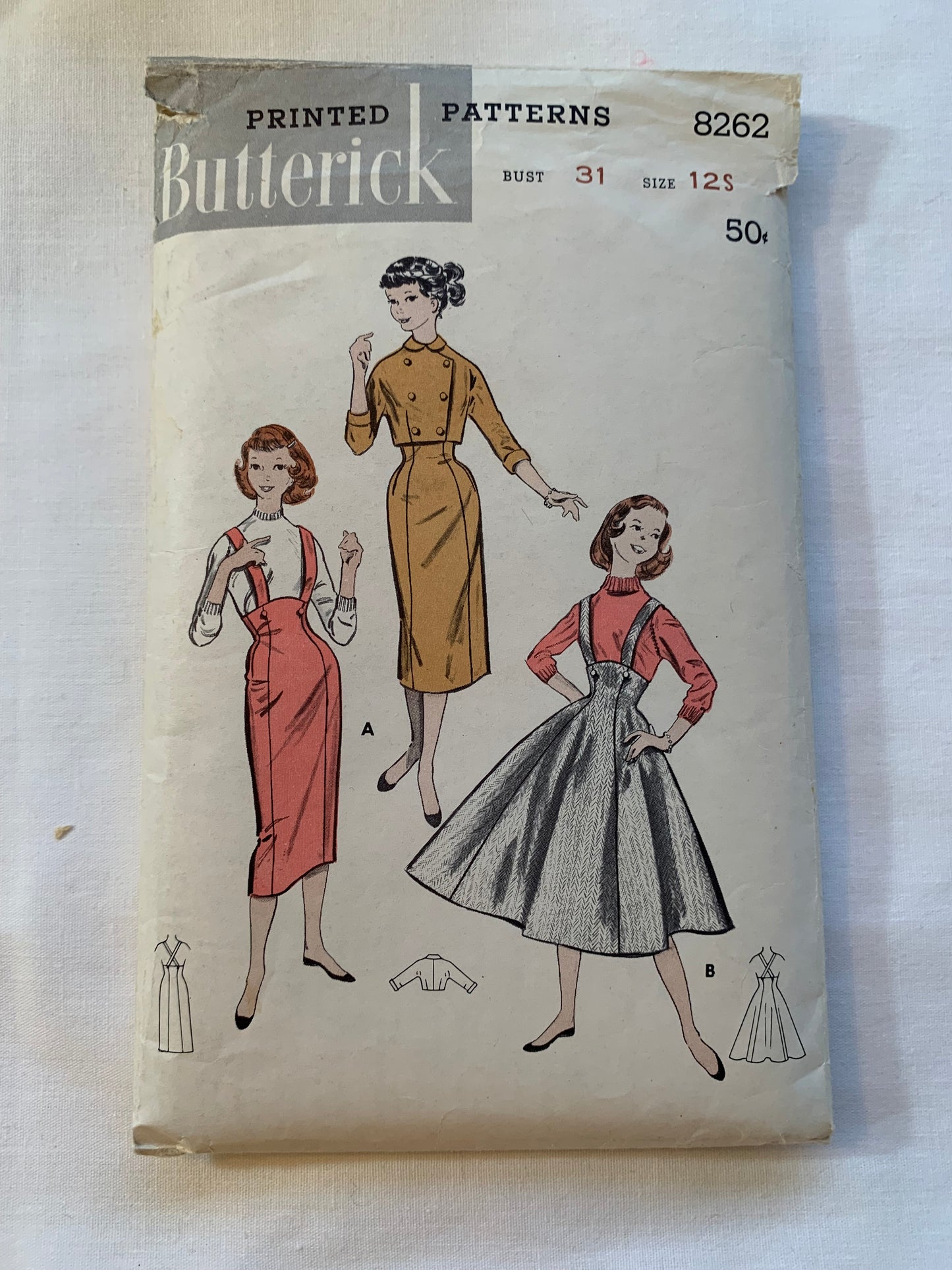 Butterick Sewing Pattern 8262 Misses'/Teens' Jacket, Jumper, Button Front, Shoulder Straps, Semi-Fitted, Size 12, Cut, Vintage 1950