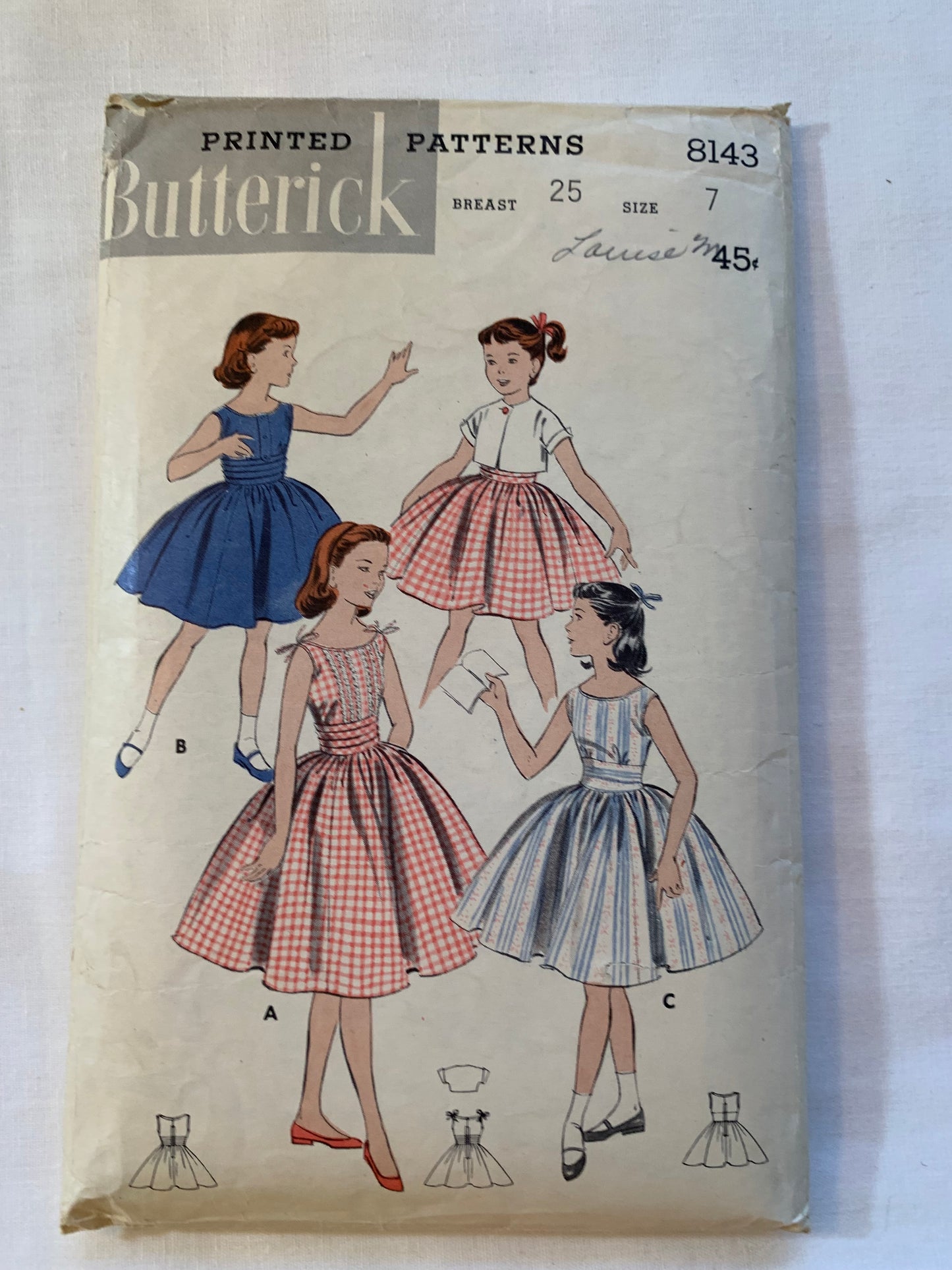 Butterick Sewing Pattern 8143 Girls' Sundress, Jacket, Collar, Full Skirt, Cummerbund, Bolero, Size 7, Cut, Vintage 1957