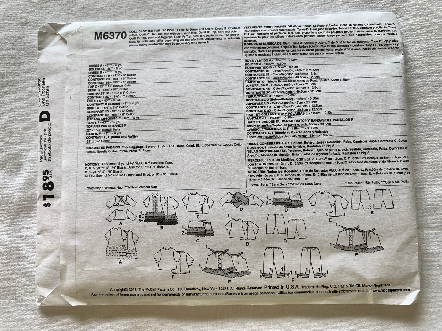 McCalls Sewing Pattern M6370 18" Doll Clothes, Short Sleeves, Button Back, Ruffles, 2011