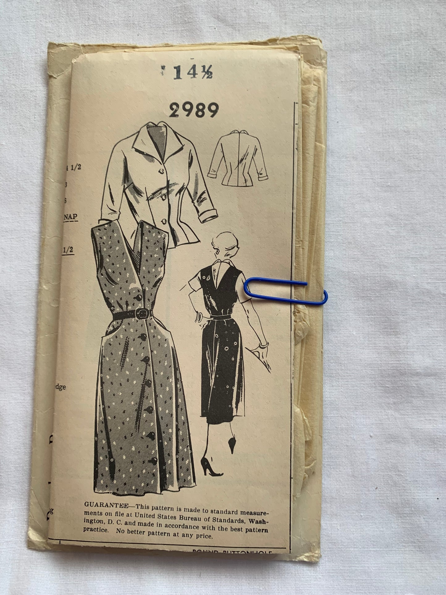 Peerless Sewing Pattern 2989 Misses' Dresses, Long Sleeves, Princess Seams, Collar, Pockets, Size 14 1/2, Cut, Vintage 1956