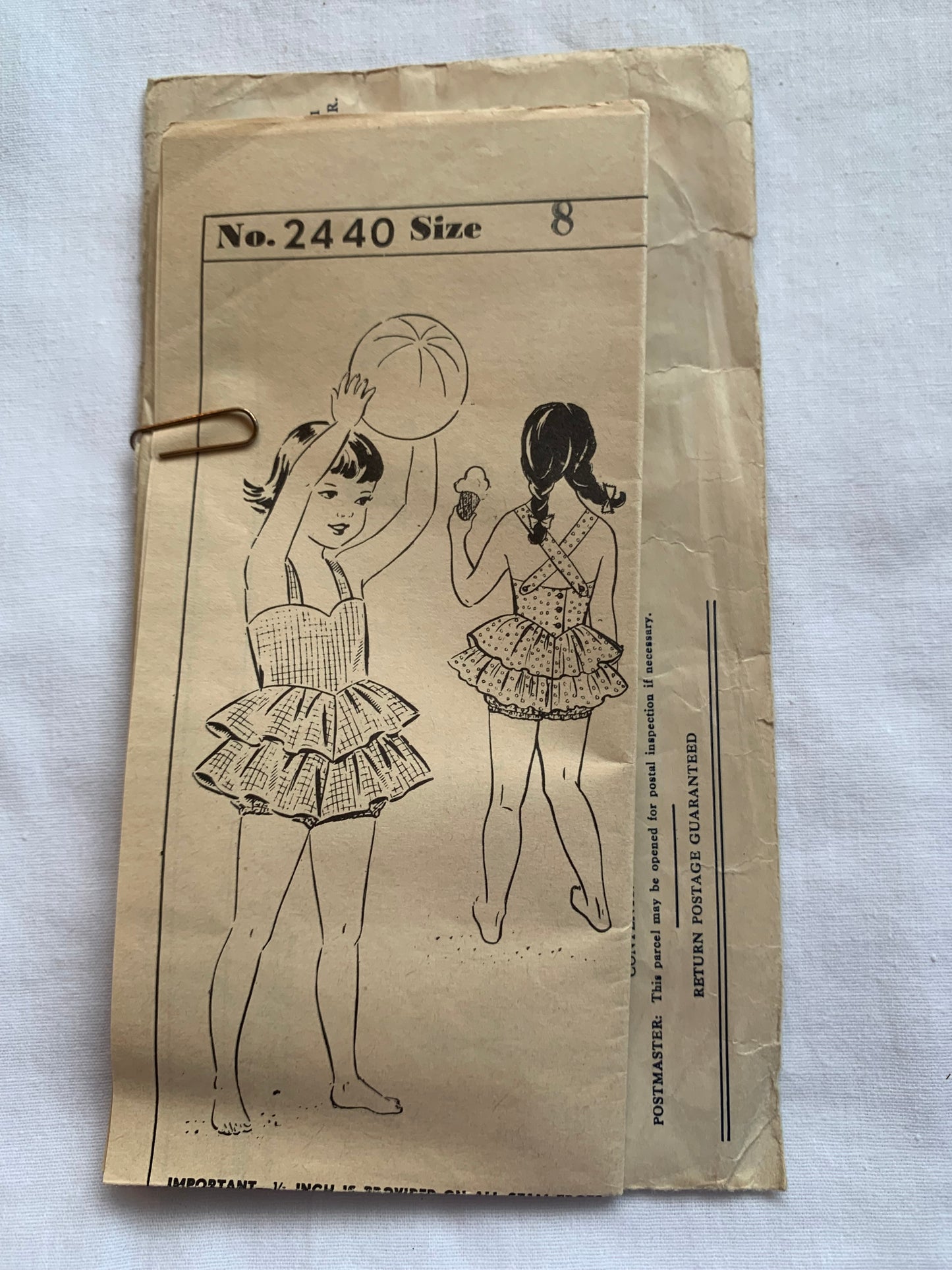 Pattern Bureau Sewing Pattern 2440 Girls' Bathing Suit, Swimwear, Button Back, Ruffles, Criss Cross Straps, Size 8, Cut, Vintage 1951