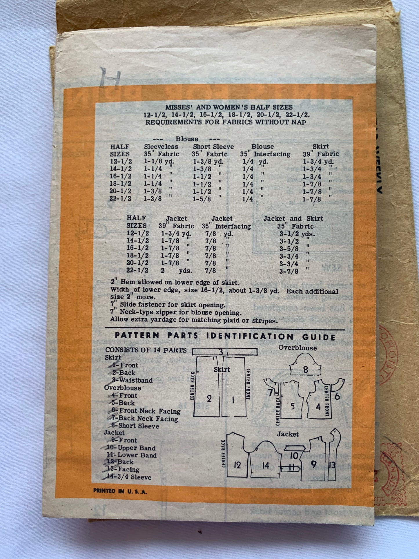 Star Weekly Sewing Pattern 4696 Misses'/Women's Half Sizes Skirt, Top, Jacket, Zipper Back, Long Sleeves, Darts, Fitted, Size 16 1/2, Cut, Vintage 1965