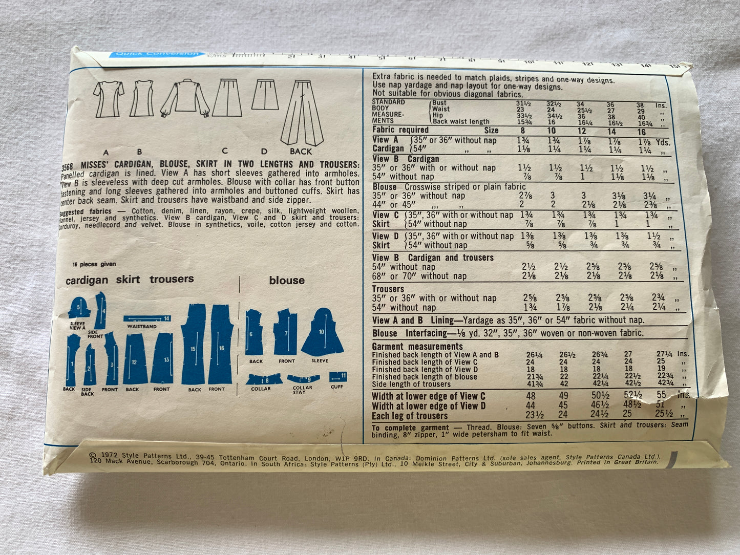 Style Sewing Pattern 3568 Misses' Cardigan, Blouse, Skirt, Two Lengths, Pants, Zipper, Size 16, Cut, Vintage 1972