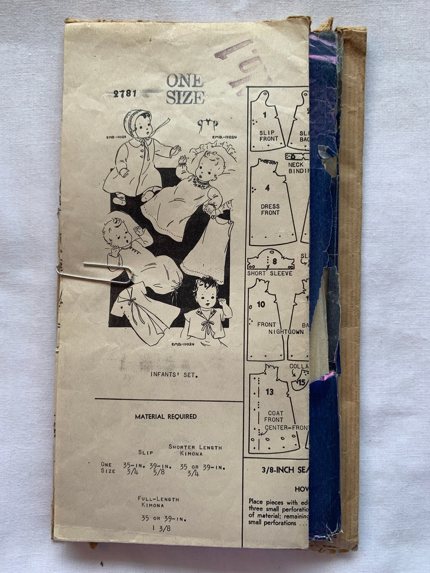 Family Herald Sewing Pattern 2781 Baby Layette, Kimono, Coat, Dress, Slip, NIghtgown, Button Front, Size 3-6 Mths, Cut, Vintage 1939