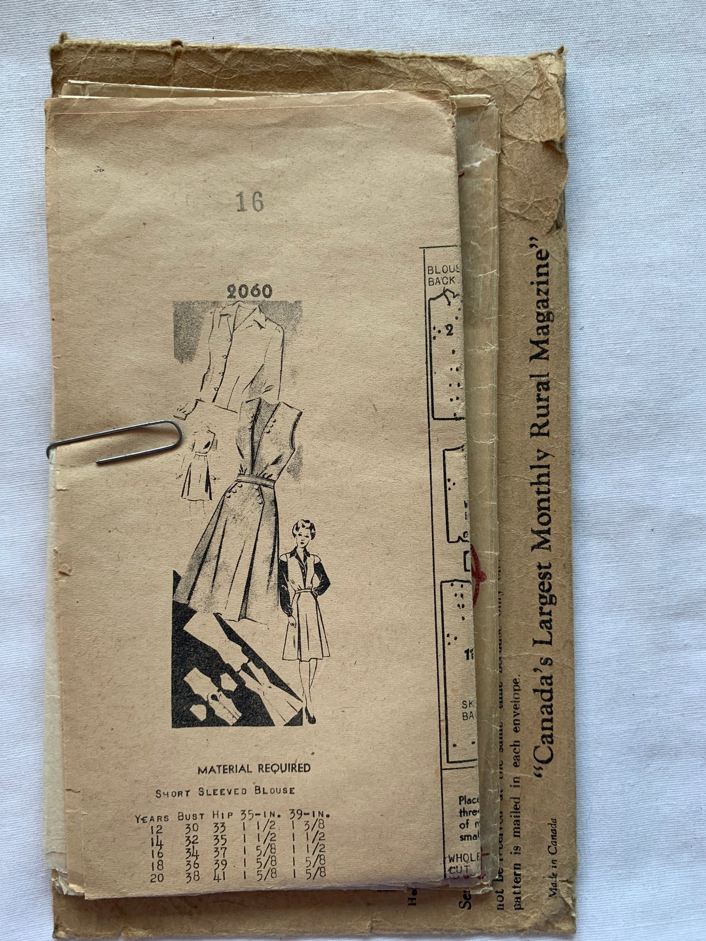 Country Guide Sewing Pattern 2060 Misses'/Women's Dress, Top, Button Front, Long Sleeves, Sleeveless, Size 16, Cut, Vintage 1930