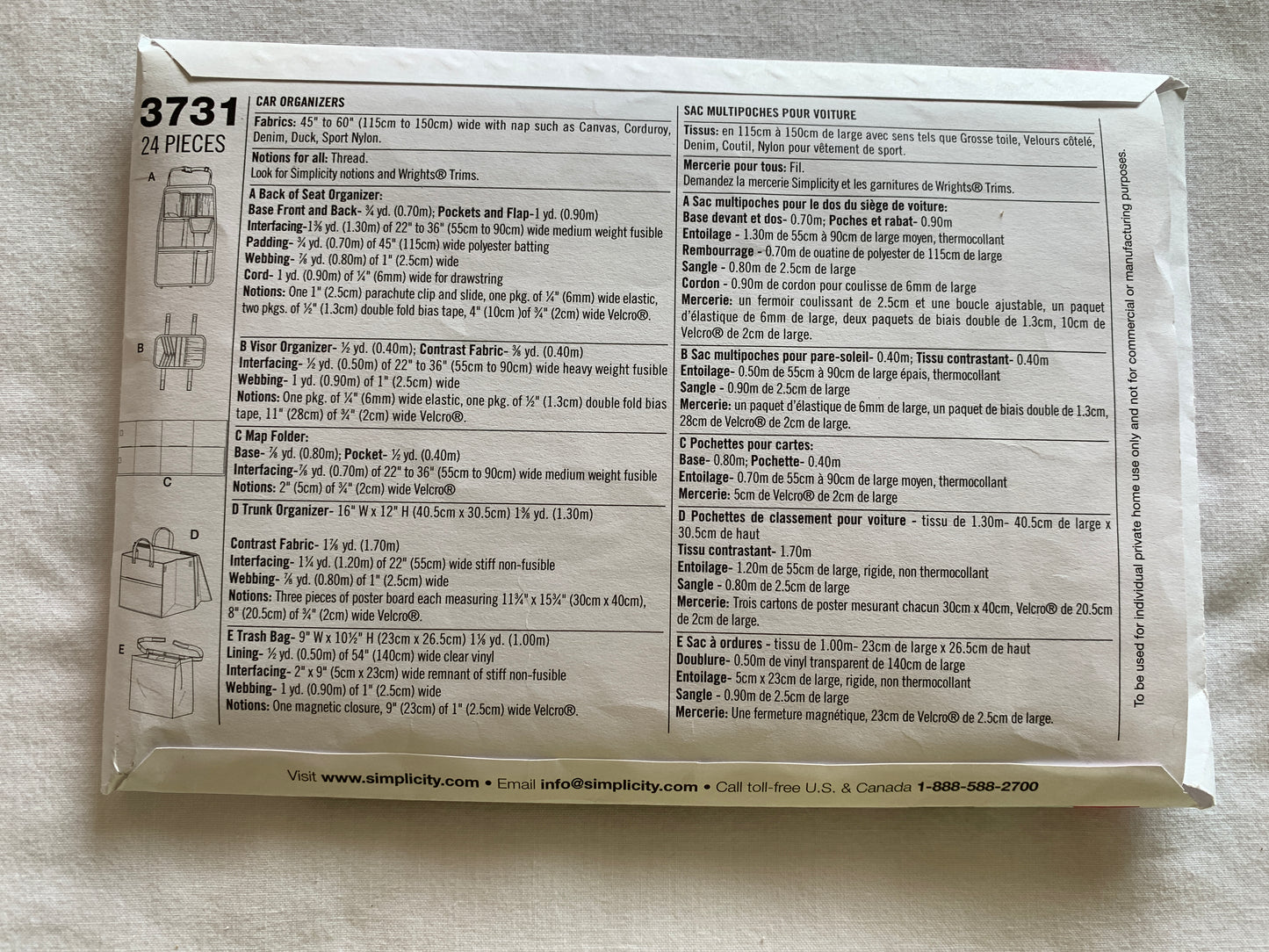 Simplicity Sewing Pattern 3731 Crafts, Car Organizer, Pockets, Water Pocket, Seat Cover, Trash Bag, Cut, 2007
