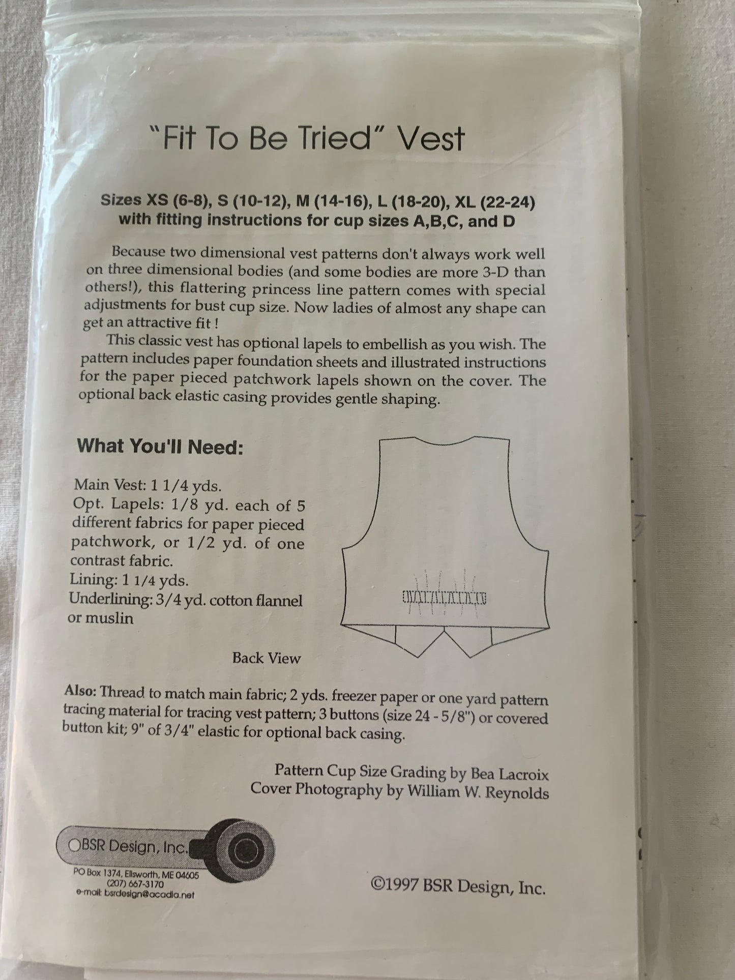 Vest, Fit To Be Tried, Bethany Reynolds, BSR Design, 1997, Size S-XL