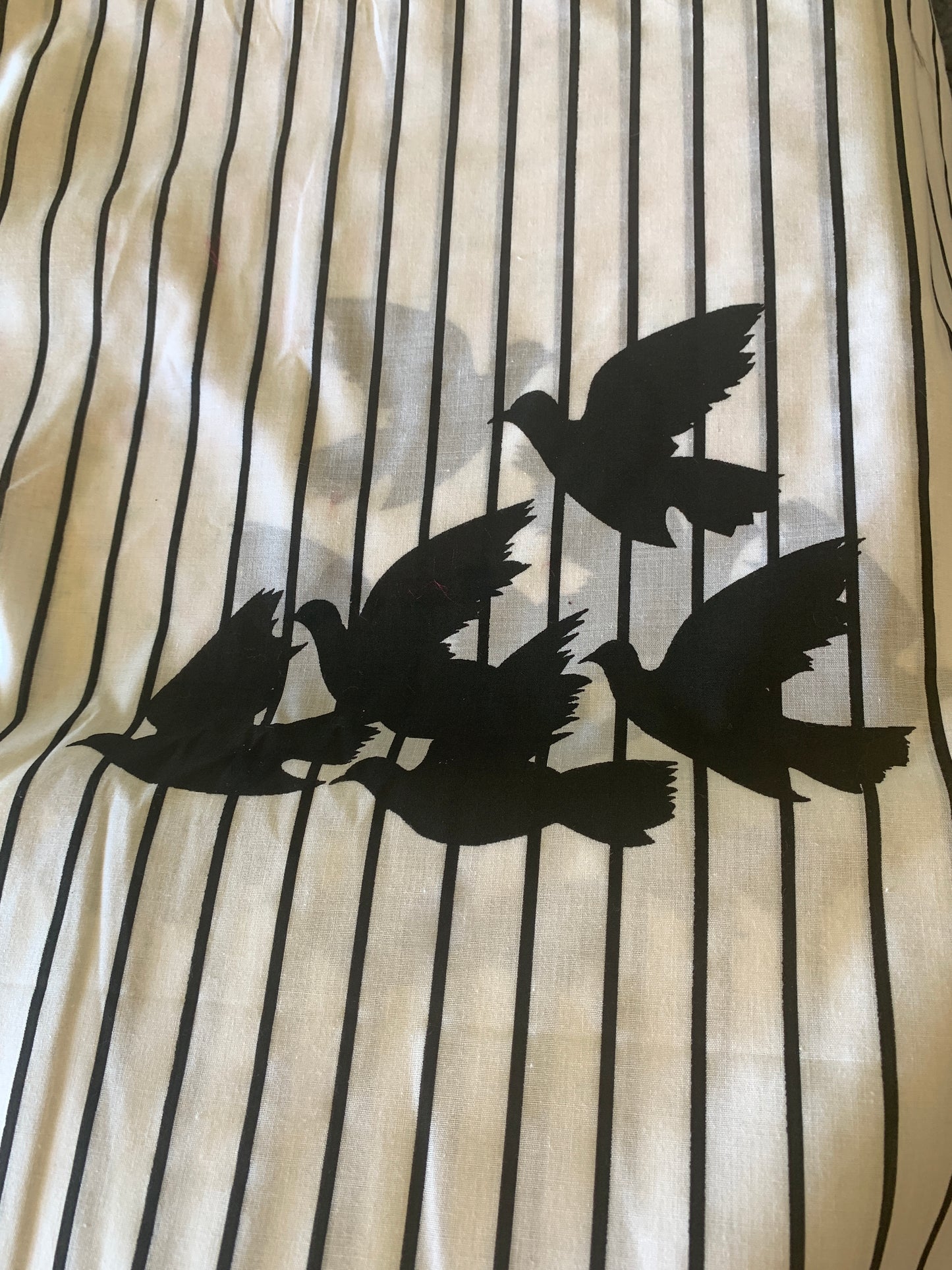 White, Black Stripes, Black Birds, Cotton Fabric 45 x 468 Inches, New/Old Stock
