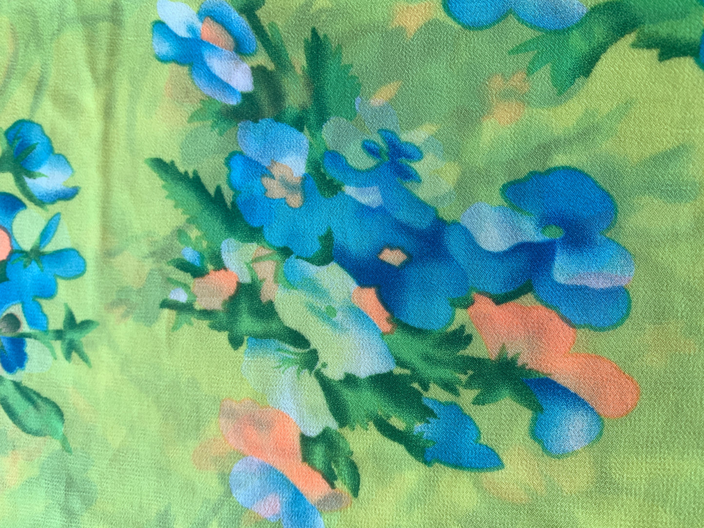 Yellow, Blue Flowers, Polyester Silk Fabric 54 x 322 Inches, New/Old Stock