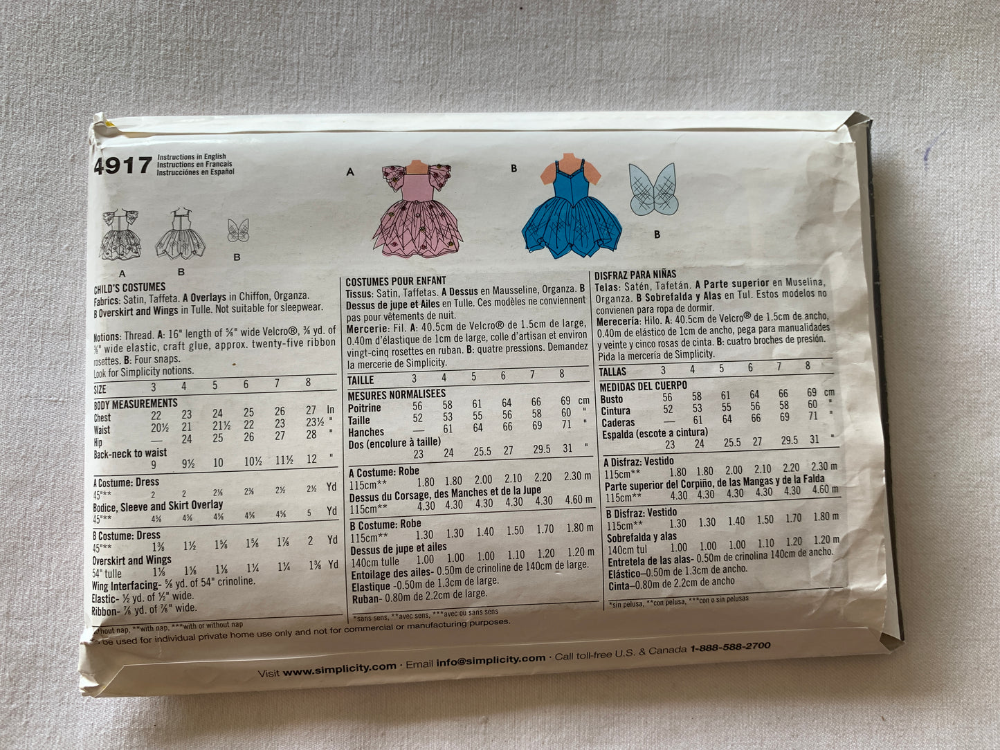 Simplicity Sewing Pattern 4917, Girls'/Child's Costumes, Dress, Angel, Wings, Zipper Back, Size 3-8, Uncut, Vintage 2000