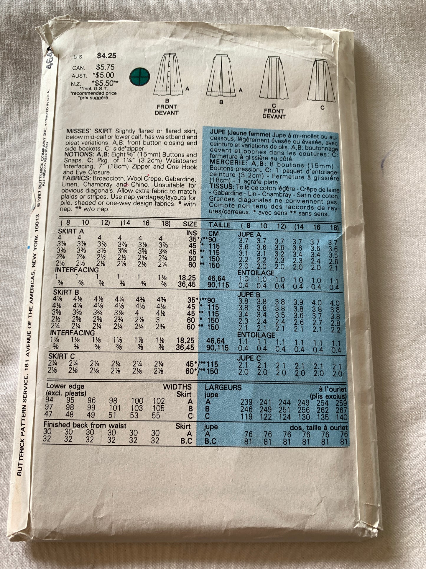 Butterick Sewing Pattern 4644 Misses' Skirts, 3 Variations, Pockets, Side Zipper, Full Skirt, Button Front, Size 14-18, Uncut, Vintage 1987
