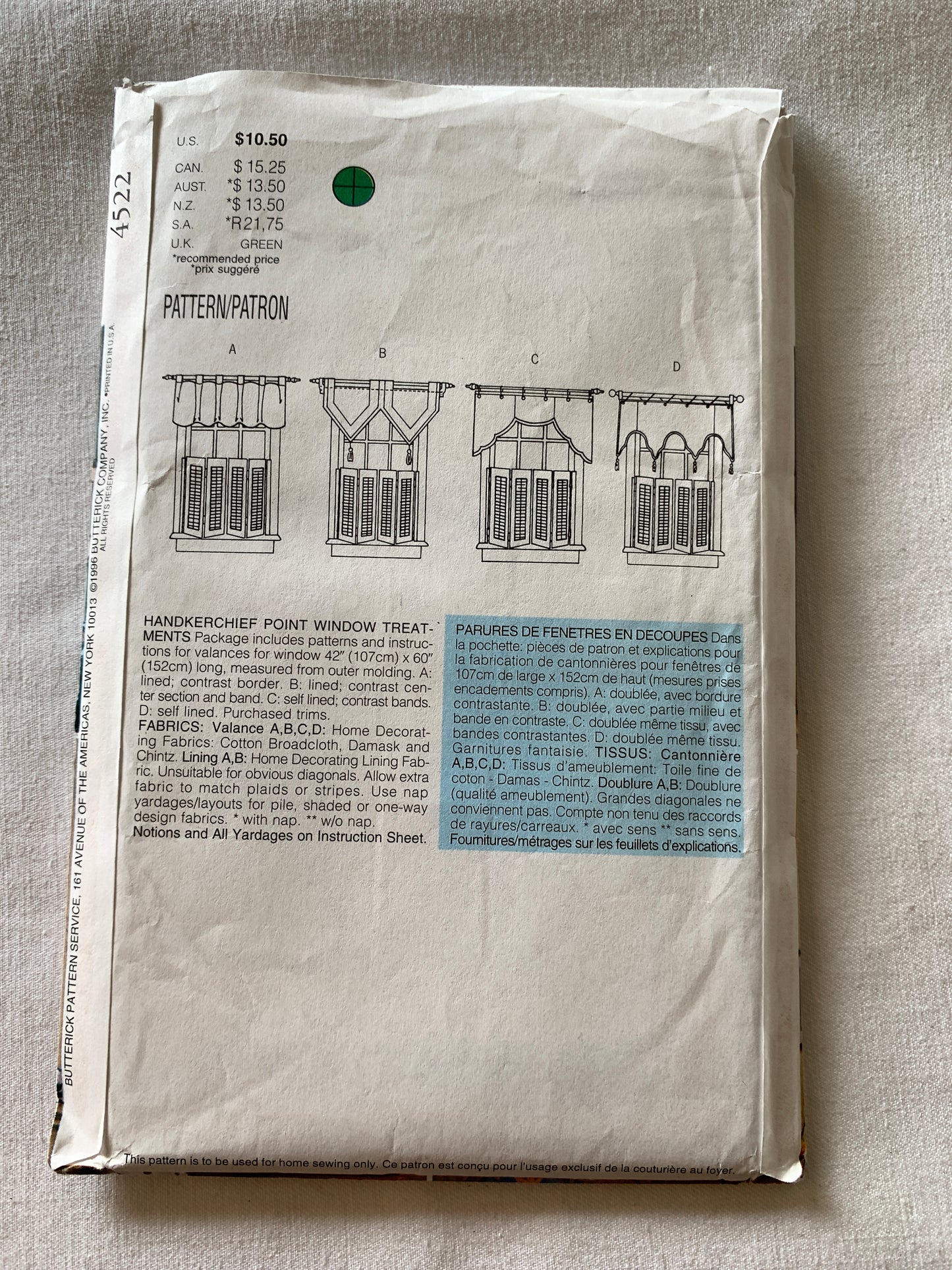 Butterick Sewing Pattern Waverly 4522 Valances, Lace Curtains, 4 Variations, Uncut, Vintage 1996