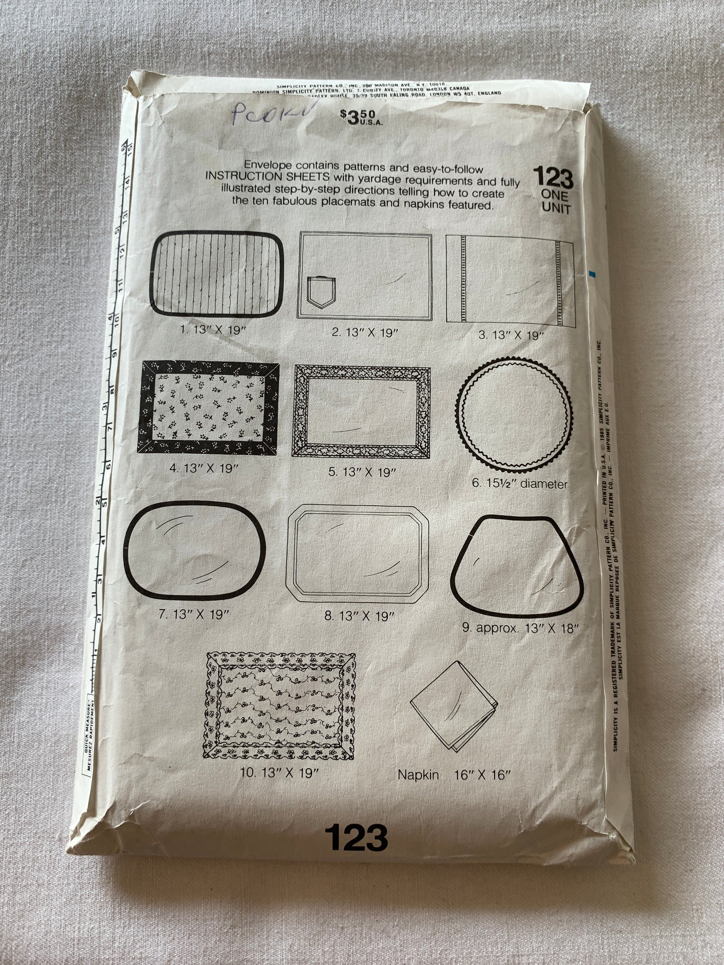 Simplicity Sewing Pattern 123, Crafts, Dining Room Accessories, Placemats, Napkins, 11 Variations, Cut, Vintage 1985