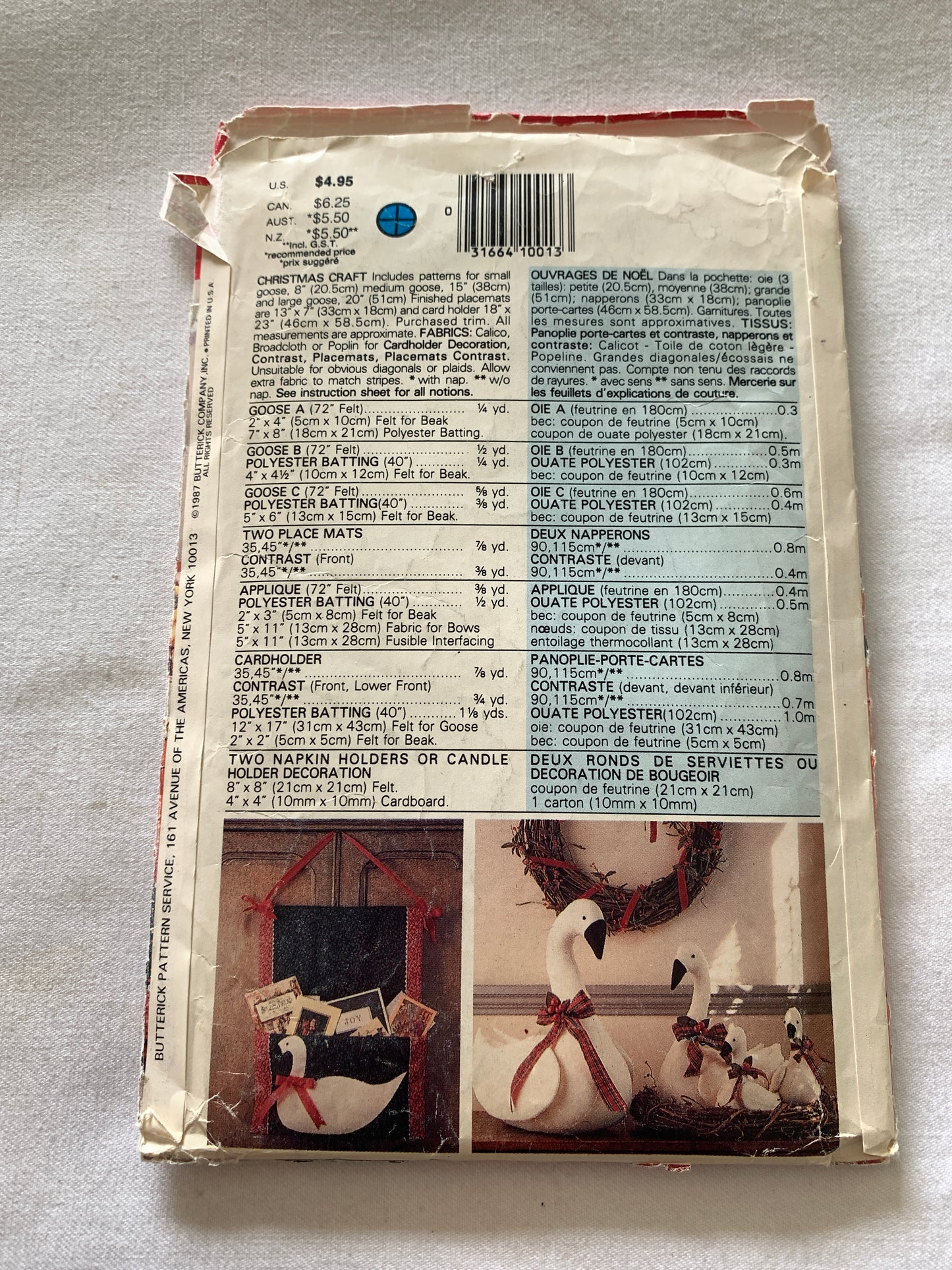 Butterick Sewing Pattern 5803 Craft Christmas Goose Family Centerpieces, 3 Sizes, Placemat, Card Holder, Cut, Vintage 1987