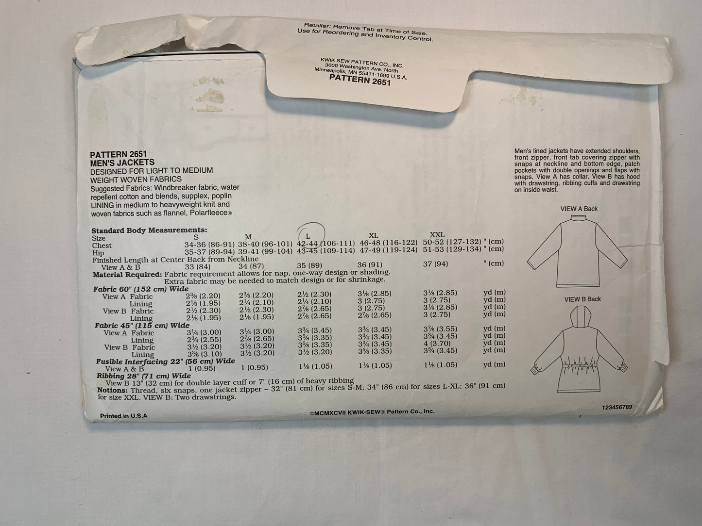 KWIK Sewing Pattern 2651 Men's Lined Jacket, Long Sleeves, Hood, Elastic Waist, Size 34-52, Uncut, Vintage 1997