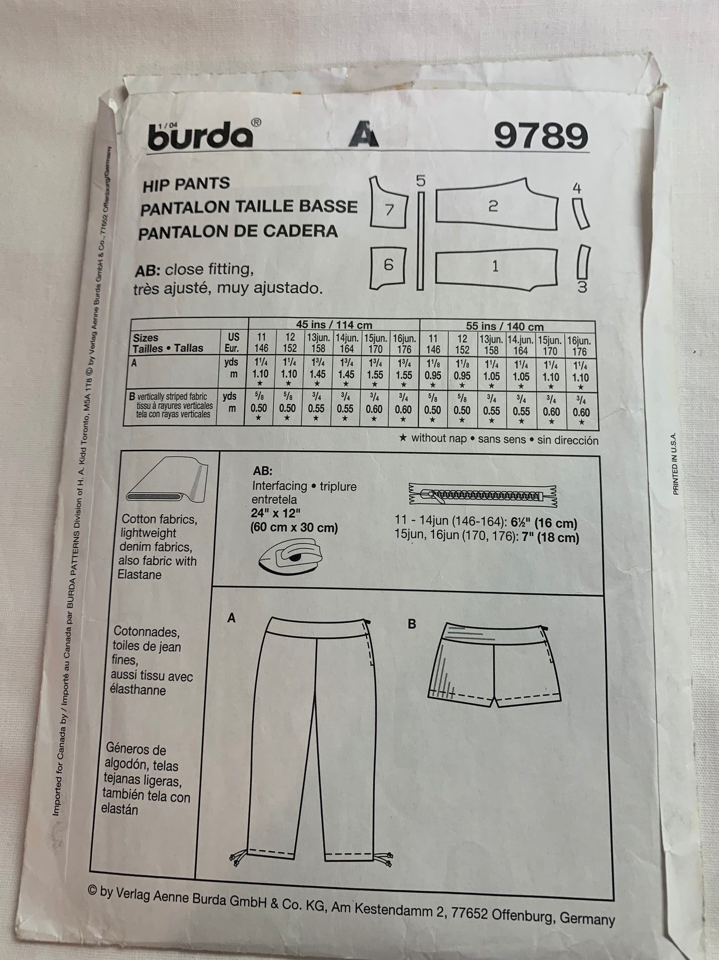 Burda Sewing Pattern 9789 Girls' Hipster Pants/Shorts, Side Zipper, Close Fitting, Size 11-16, Uncut, 2000