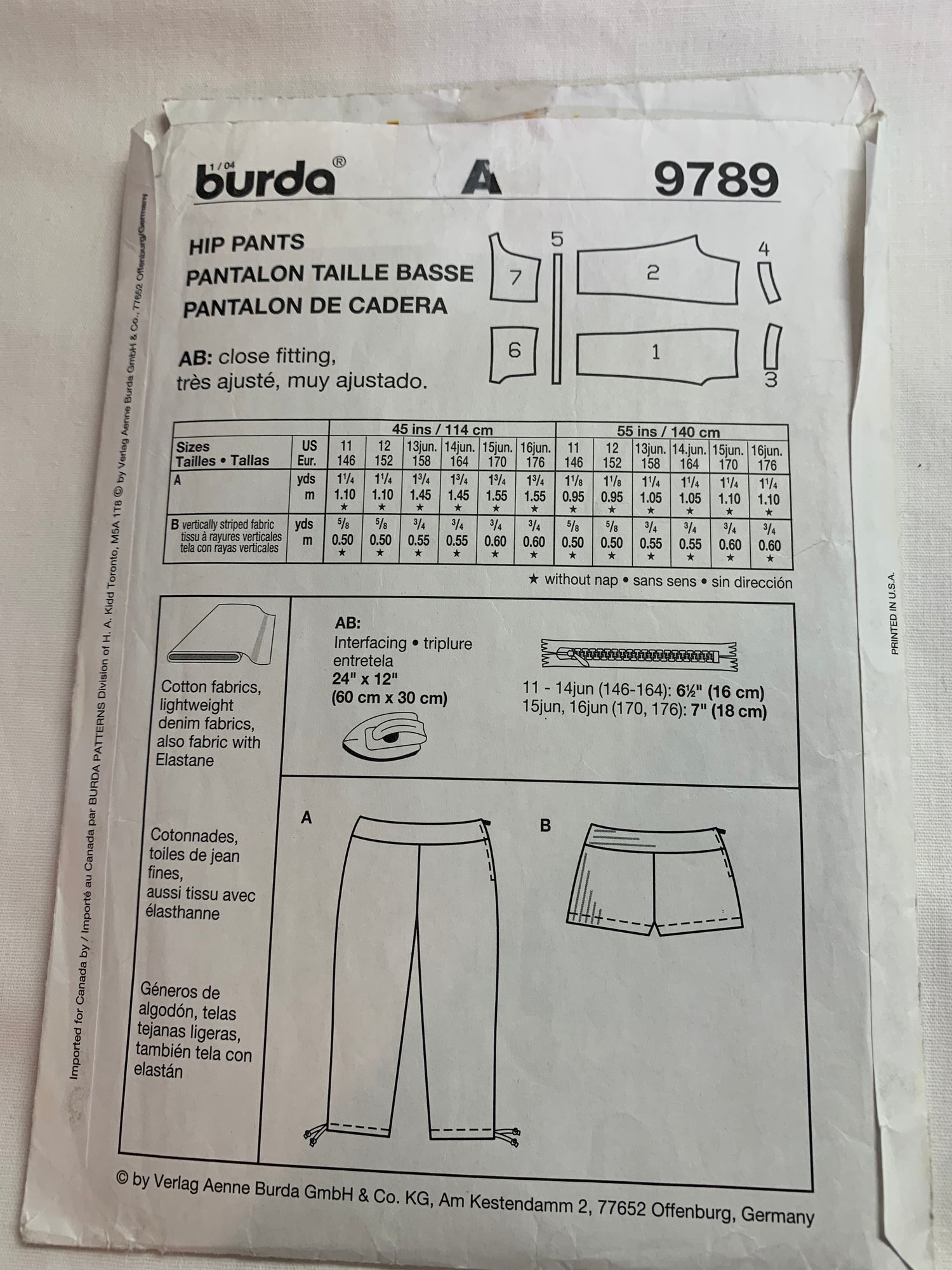 Burda Sewing Pattern 9789 Girls' Hipster Pants/Shorts, Side Zipper, Close Fitting, Size 11-16, Uncut, 2000