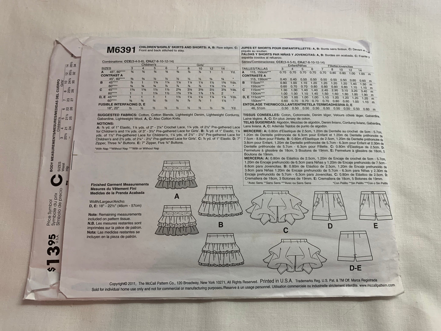 McCall's Sewing Pattern M6391 Children's/Girls' Skirt, Shorts, Pull-On, Elastic Waist, Pockets, Zipper Front, Size 7-14, Uncut, 2011
