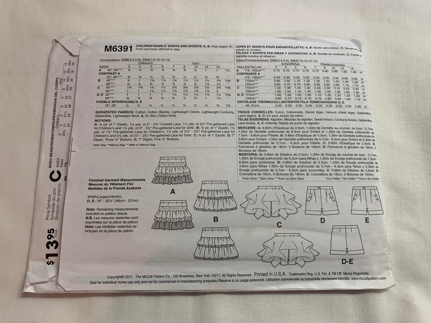 McCall's Sewing Pattern M6391 Children's/Girls' Skirt, Shorts, Pull-On, Elastic Waist, Pockets, Zipper Front, Size 7-14, Uncut, 2011