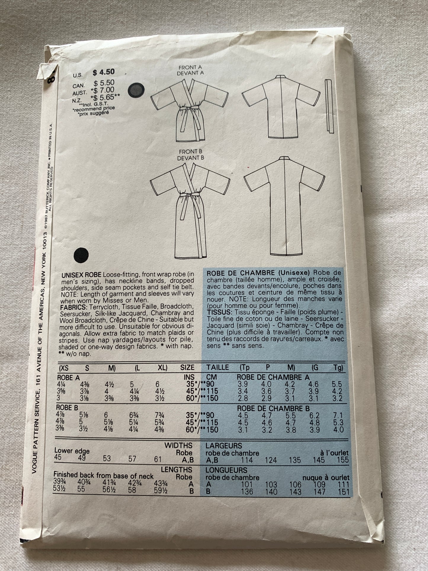 Vogue Sewing Pattern 8155 Misses'/Men's Robe, Housecoat, Long Sleeves, Tie Belt, Two Lengths, Size Large, Cut, Vintage 1987