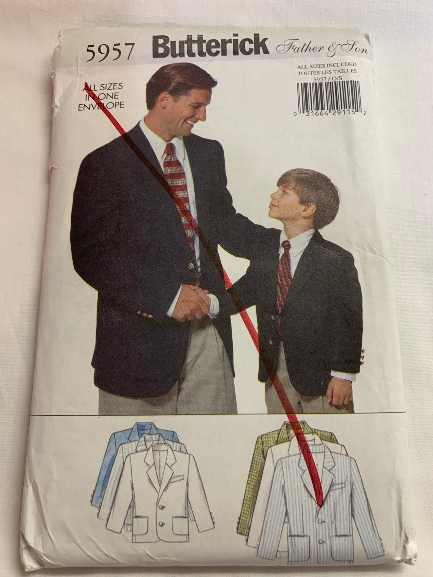 Butterick 5957, Men's/Boys' Jacket, Pockets, Shoulder Pads, Button Front, Collar, Loose-Fitting, All Sizes, Uncut, Vintage 1999