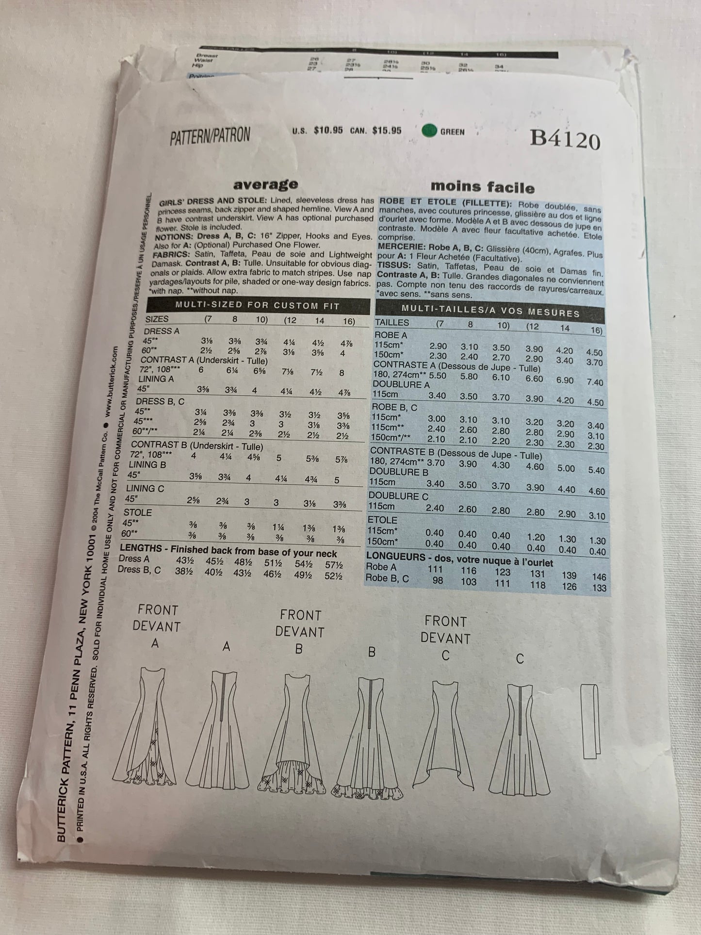 Butterick Sewing Pattern B1420 Children's/Girls Dress, Stole, Two Lengths, Princess Seams, Zipper Back, Sleeveless, Size 7-10, Uncut, 2004