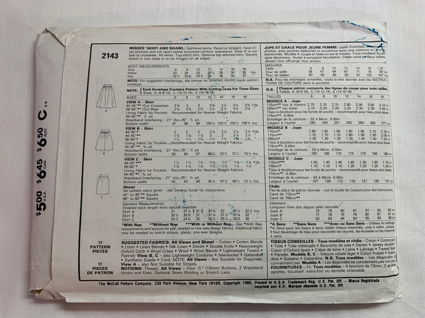 McCall's Sewing Pattern 2143 Misses' Skirt, Square Shawl, Two Lengths, Pockets, Size 14-18, Uncut, Vintage 1985