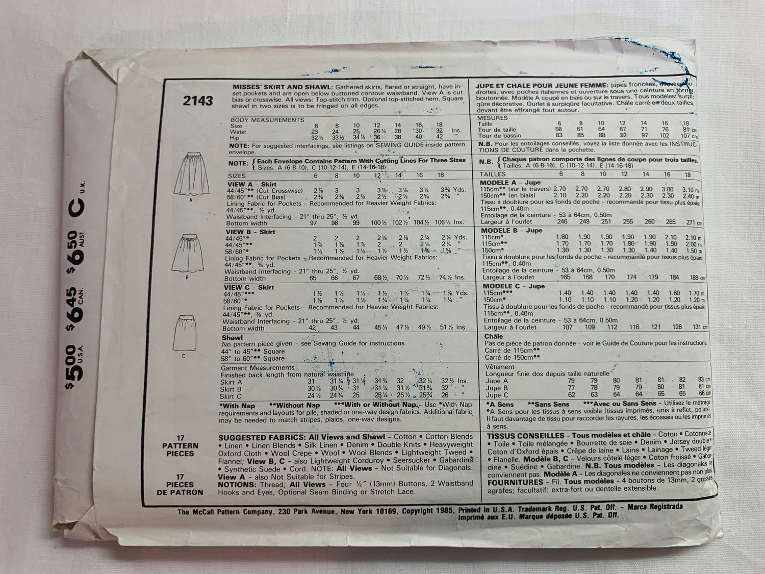 McCall's Sewing Pattern 2143 Misses' Skirt, Square Shawl, Two Lengths, Pockets, Size 14-18, Uncut, Vintage 1985
