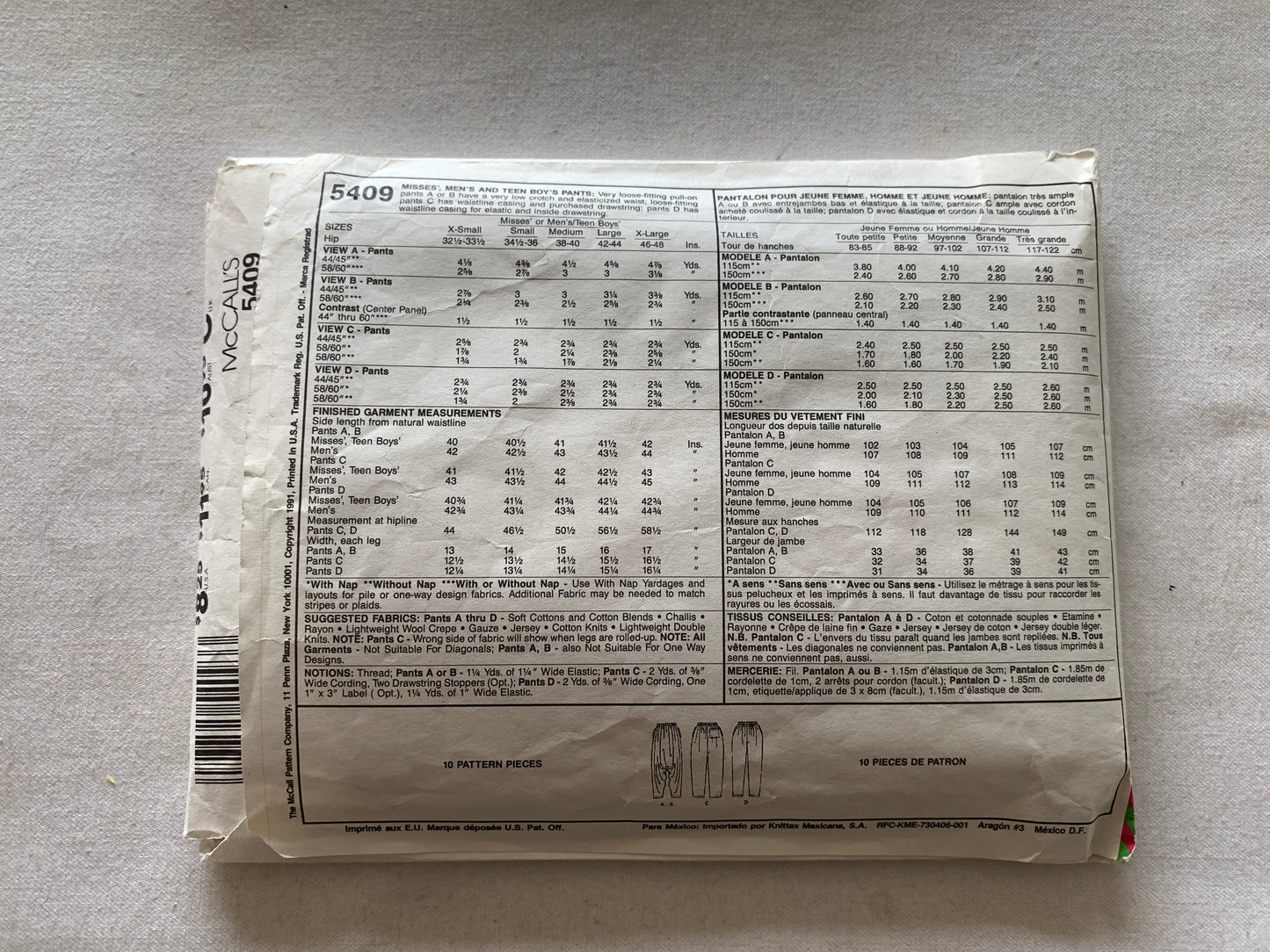 McCall's Sewing Pattern 5409 Misses'/Men's/Teens' Pants, Loose-Fitting, Elastic Waist, Size 38-40, Cut, Vintage 1991