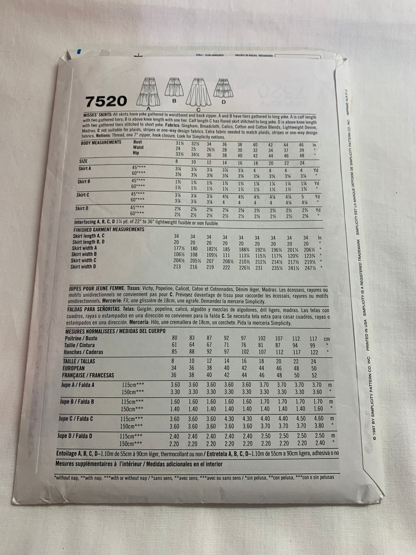 Simplicity Sewing Pattern 7520 Misses' Western Skirts, Circular, Ruffles, Zipper Back, 4 Variations, Two Lengths, Size 14-18, Uncut, Vintage 1997