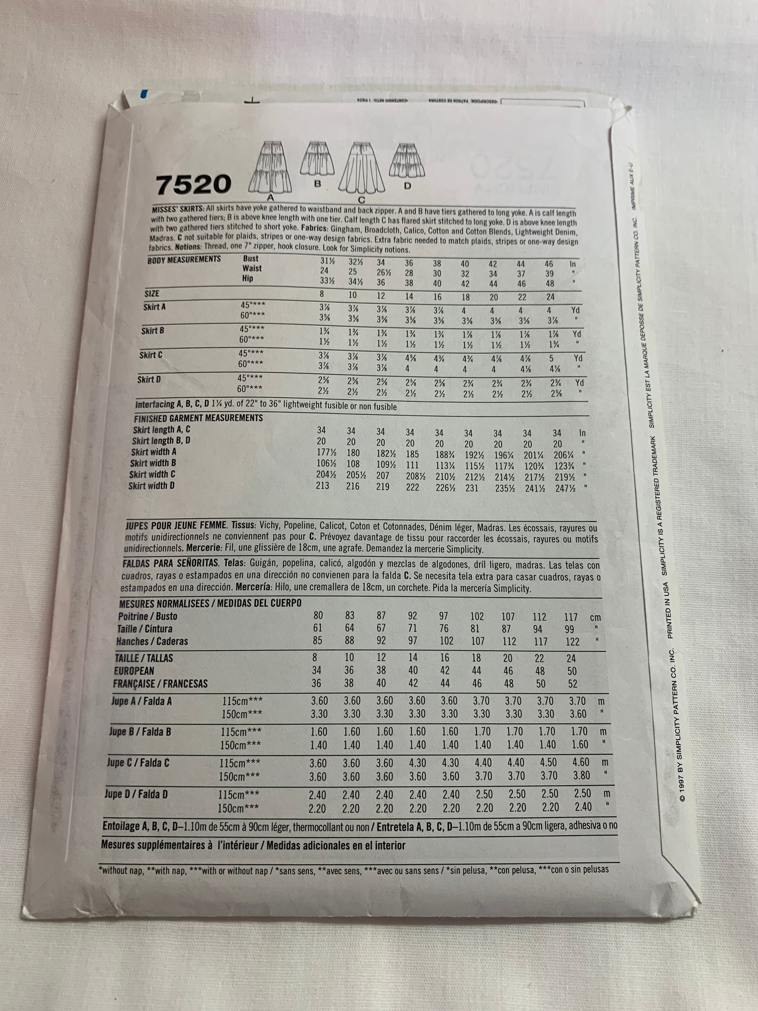 Simplicity Sewing Pattern 7520 Misses' Western Skirts, Circular, Ruffles, Zipper Back, 4 Variations, Two Lengths, Size 14-18, Uncut, Vintage 1997