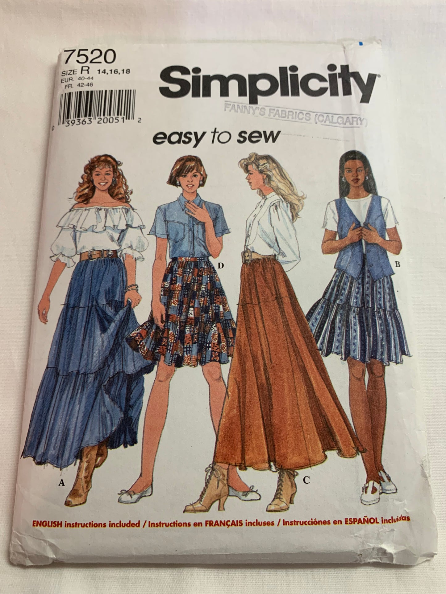 Simplicity Sewing Pattern 7520 Misses' Western Skirts, Circular, Ruffles, Zipper Back, 4 Variations, Two Lengths, Size 14-18, Uncut, Vintage 1997
